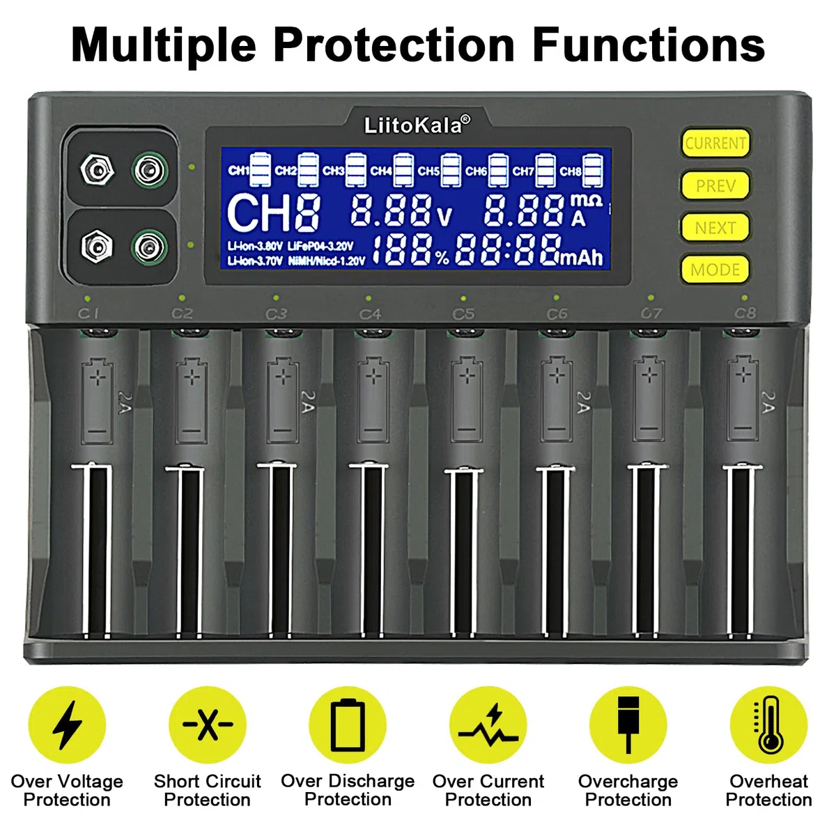 Cargador de batería MXJFYY LiitoKala LII-S8 Cargador rápido con Pantalla LCD táctil, 18650 de 8 Ranuras 9V para Li-Ion LiFePO4 Ni-MH Ni-CD AA AAA C 21700 26650 13650 16340 18700 RCR123