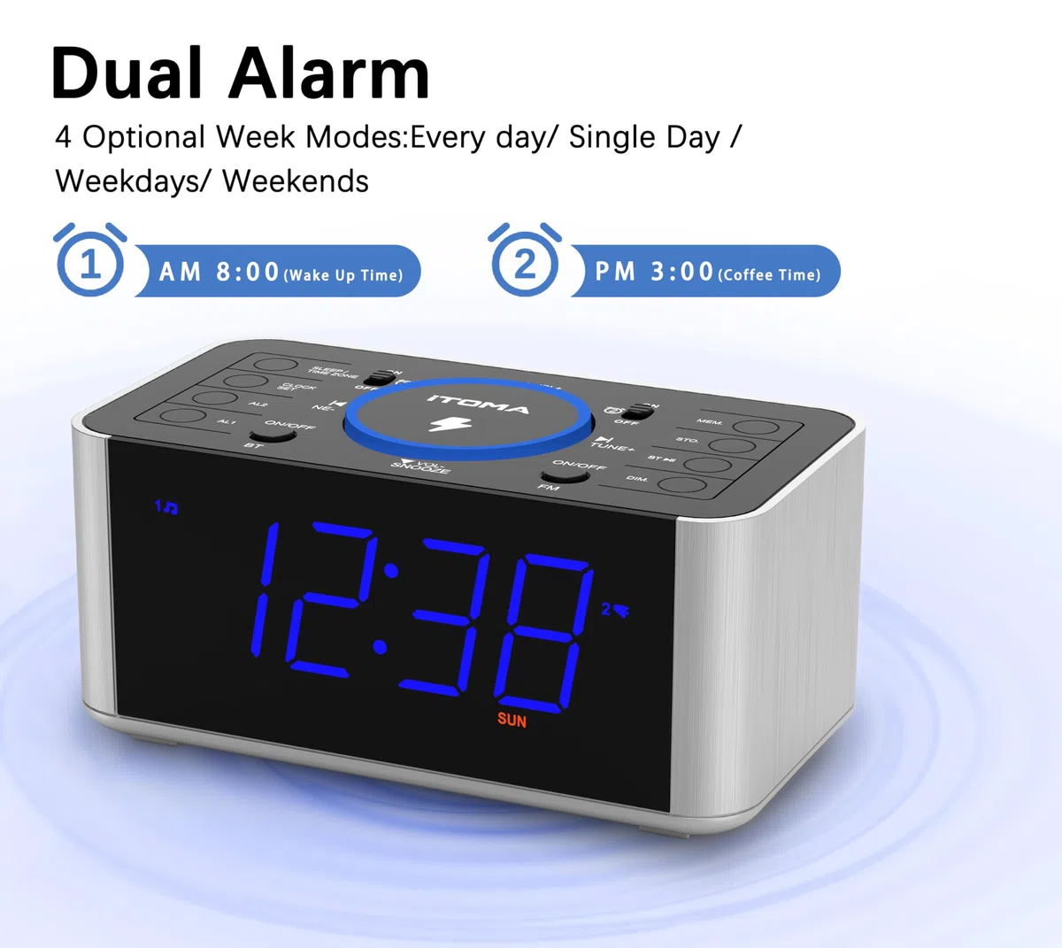 iTOMA Radio de Despertador con Carga inalámbrica 5w, Snooze, Bluetooth, Despertador Doble, Pantalla LED de 1,4 Pulgadas, dimmer, Reloj de Carga USB en la cabecera de la Cama 206