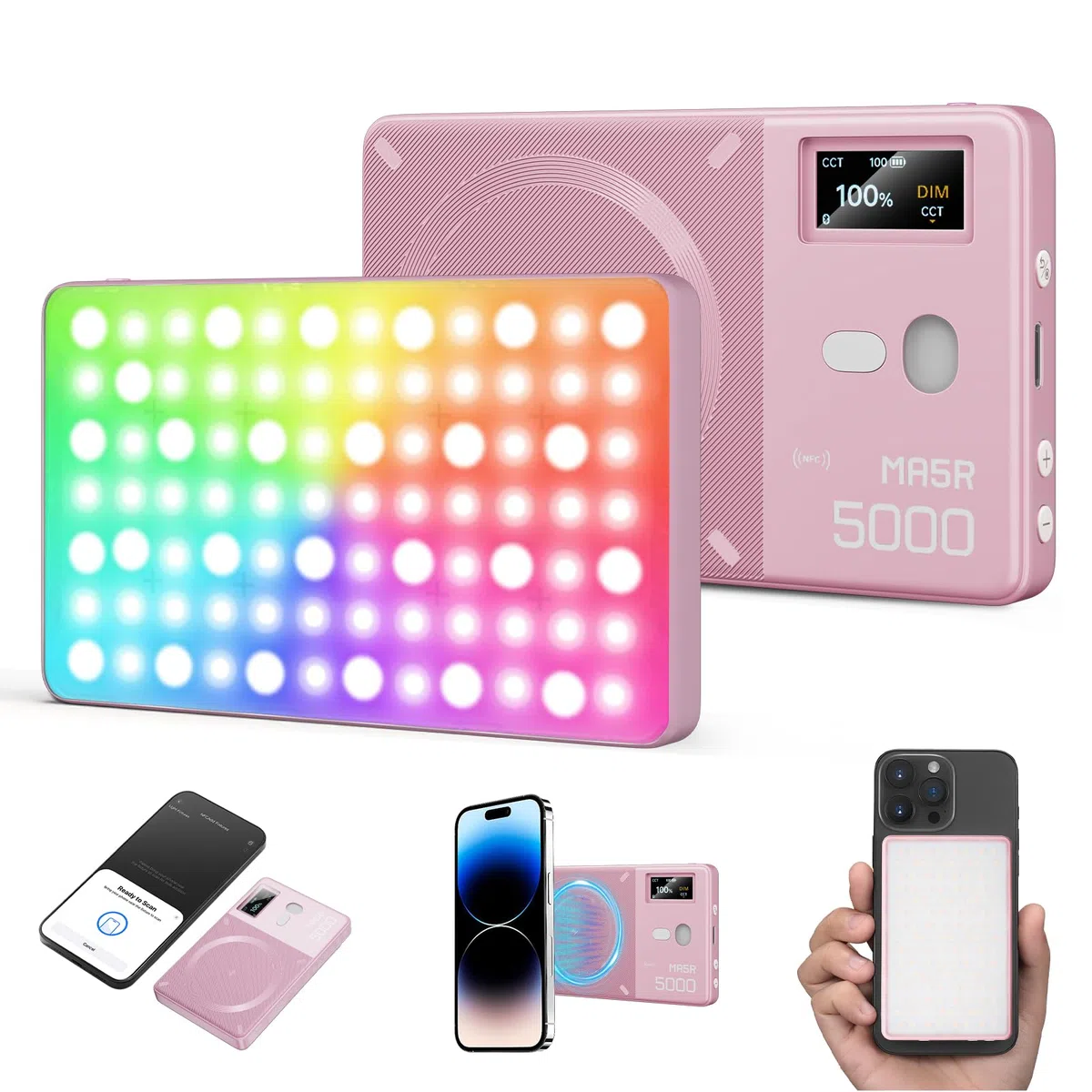 GODOX MA5R Luz de vídeo RGB magnética de color completo 1800K-10000K 14 efectos preprogramados para cámara DSLR (rosa)