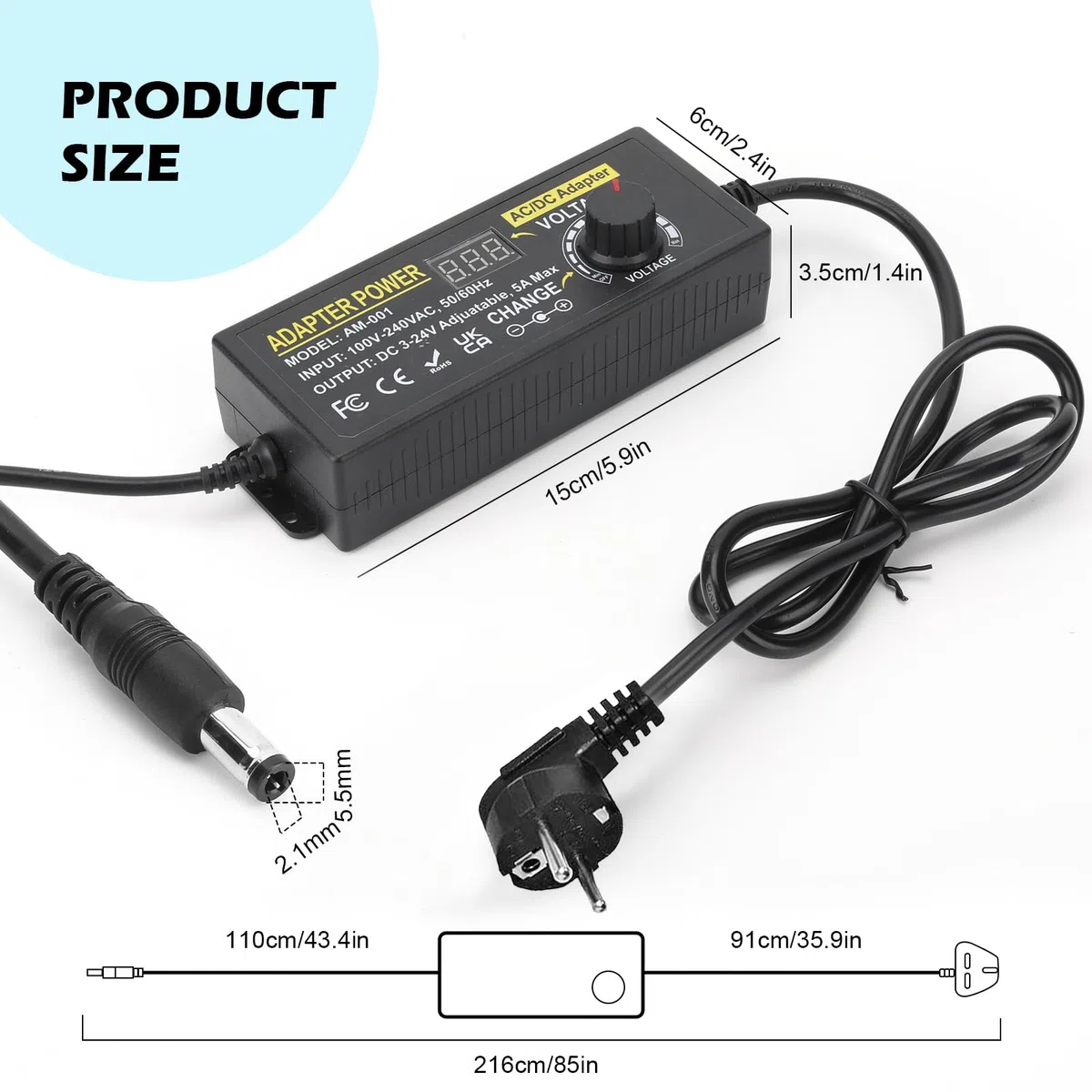 5A 120W Adaptador de Corriente Ajustable,Adaptador Universal de Corriente AC/DC 3V~24V Ajustable, Convertidor de 100V-240V AC a DC con 14 Puntas y Cable de polaridad de Corriente-5A Máx