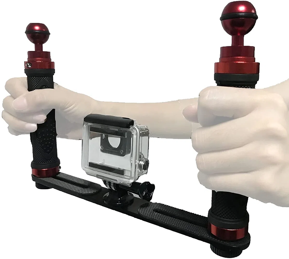 Soporte estabilizador de Mano subacuático de aleación de Aluminio, Bandeja de Soporte de luz de Buceo con Dos Asas de Bola de 1 Pulgada para cámara de acción y Cualquier Otra cámara con Agujero de