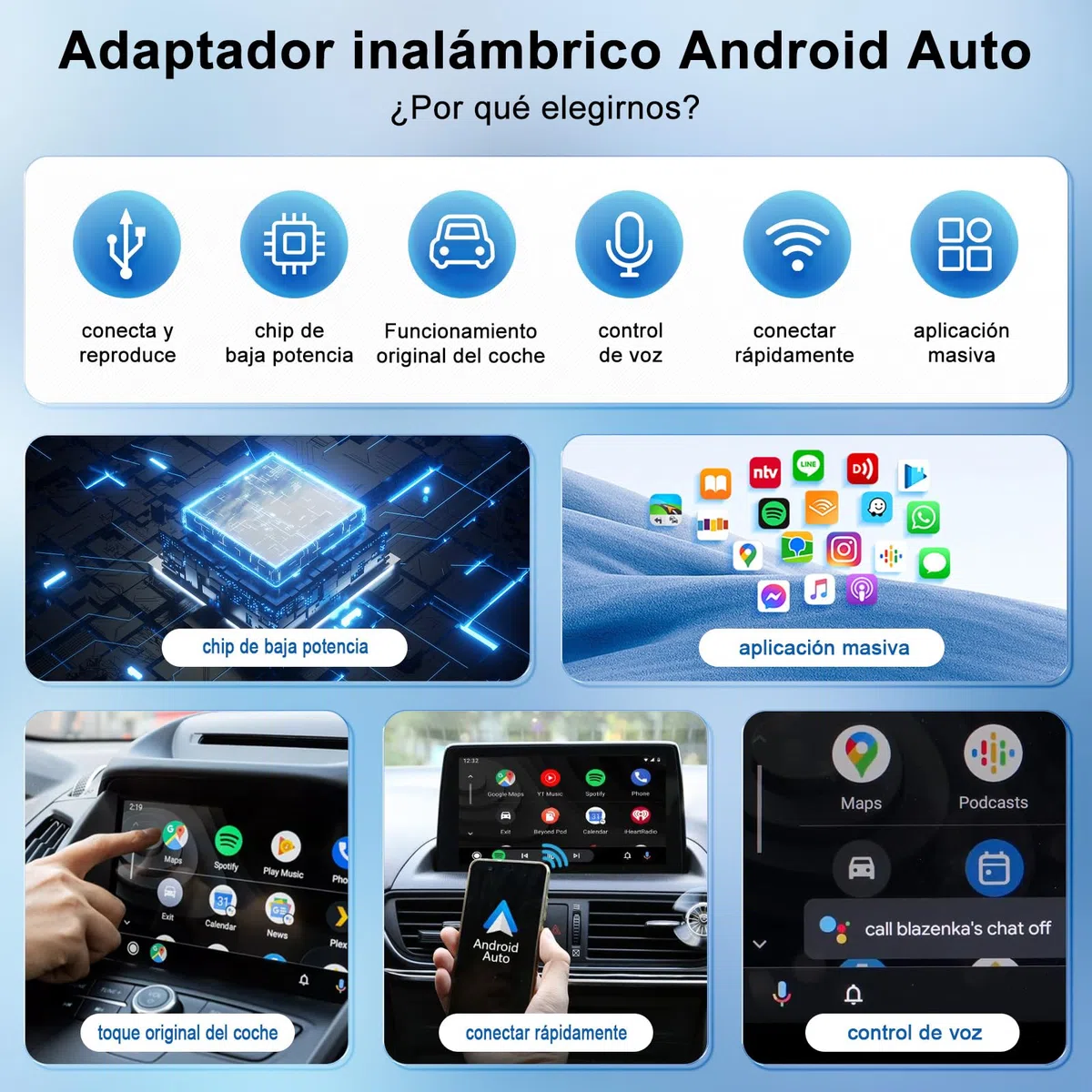Adaptador Android Auto Inalámbrico, para Vehículos Equipados con Android Auto con Cable, Cambio de Cableado a Inalámbrico, Estable y Rápida, 5.8GHz WiFi de Alta Velocidad, para Android Phone 11.0+