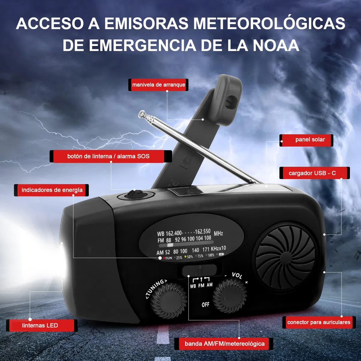 Radio Solar portátil con Am/FM/NOAA meteorológica Radio, Alarma SOS y Dinamo de manivela, Cargador de móvil USB, Linterna LED, para emergencias (Negro,batería Recargable de 2000 mAh)