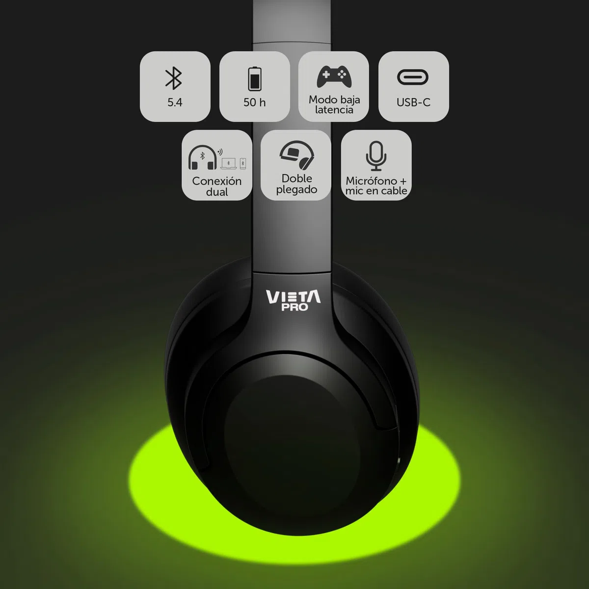 Vieta Pro - Cascos inalambricos Bluetooth Diadema con Dual Pairing. Sonido Estéreo y 50 Horas de Reproducción, Modo Gaming con micrófono para PC/Teléfono, USB Tipo C y Plegables. Auriculares Stream