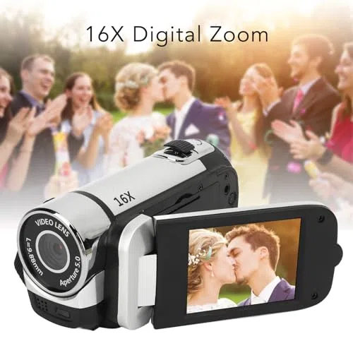 Grabadora de Cámara Digital, Videocámara Full HD 1080P 16MP, Cámara Vlogging con Pantalla Giratoria de 2,4, Zoom Digital 16X, Luz de Relleno, Antivibración, para Principiantes Silver