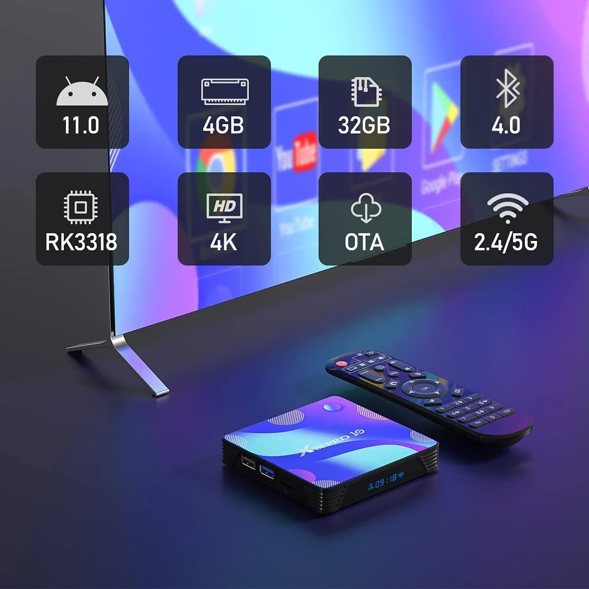 Android 11.0 TV Box, Android Box 4GB RAM 32GB ROM S905X2 Quad-Core Cortex-A53 Support 2.4G/5G WiFi/100M/H.265 Decoding/4K Full HD Output/ HDMI3.0/ Bluetooth 4.1 Smart TV Box