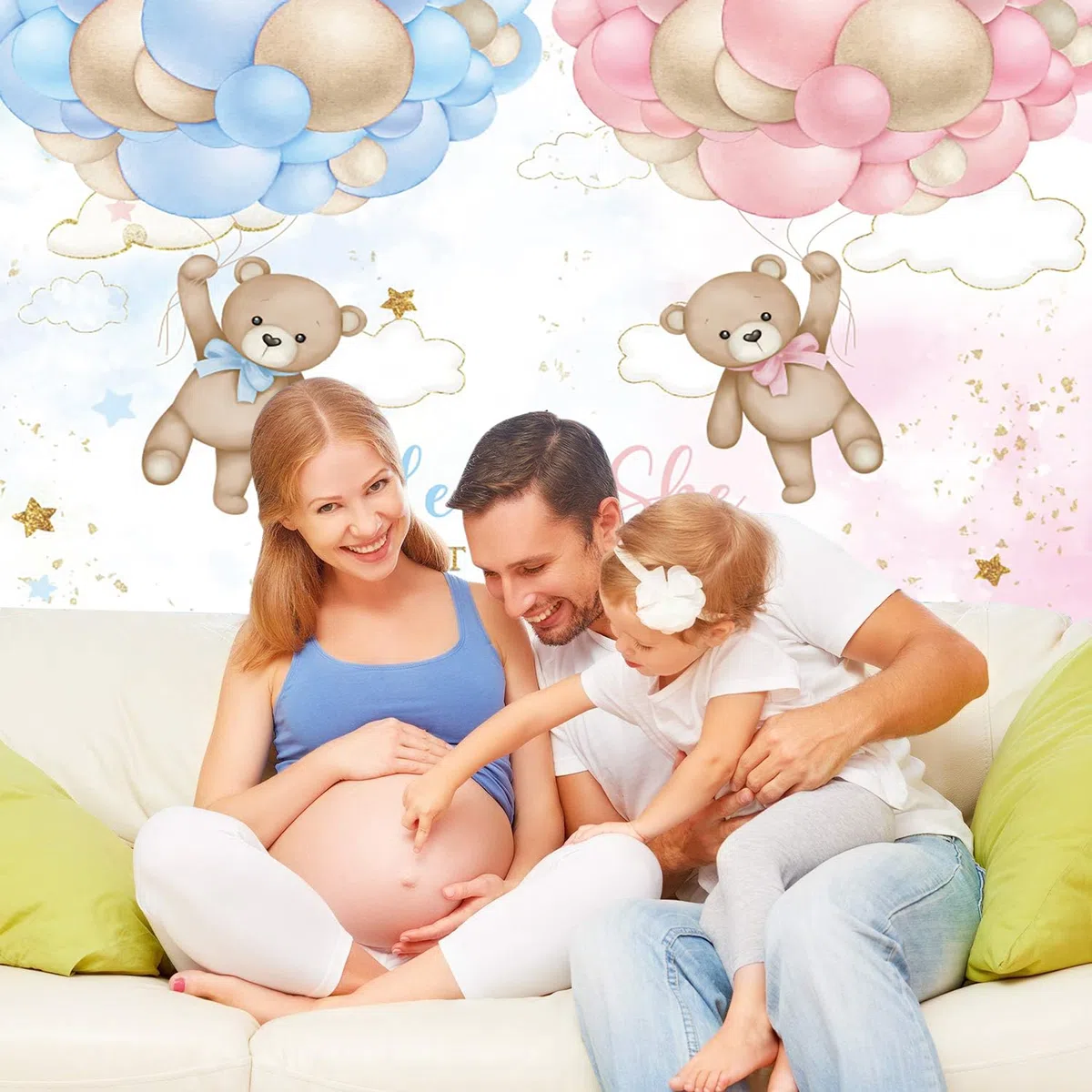 2.4x1.8m Telón de fondo revelación sexo Oso Globos Azul o Rosa He or She What Will Baby Be Fondo Fotográfico Fiesta de Revelación de Sexo Decoración de Mesa para Tarta Pancartas Atrezzo para Fotomatón