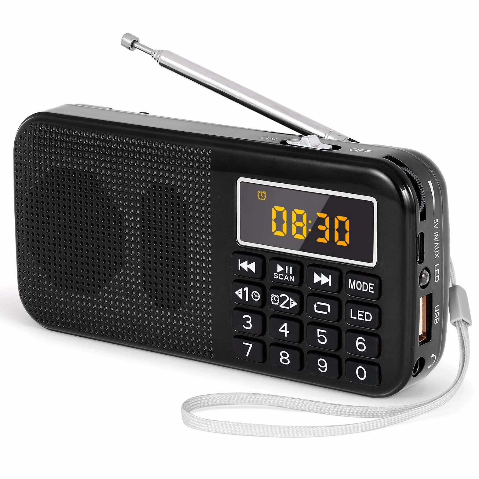 PRUNUS J-725 FM Radio Portatil Pequeña, Reloj Digital Despertador, Bateria Recargable de 3000mAh, Reproductor de AUX/USB/SD con Altavoz de 3W, y Linterna LED(Negra)