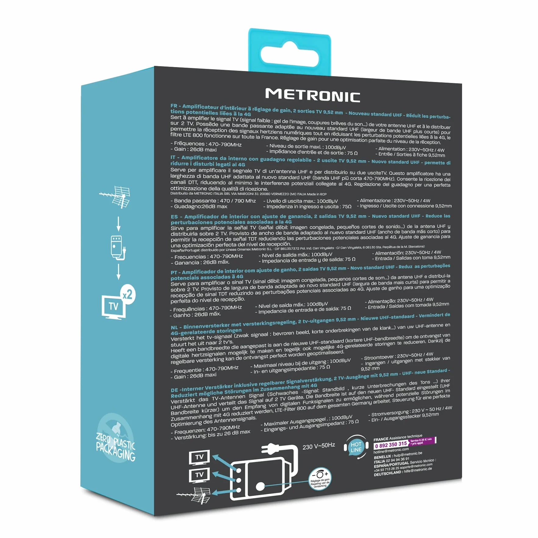 Metronic - 332177, amplificador de antena de TV interior para canales de TDT, compatible con 4G/5G, 26 dB, 2 salidas con toma de TV de 9,52 mm, blanco
