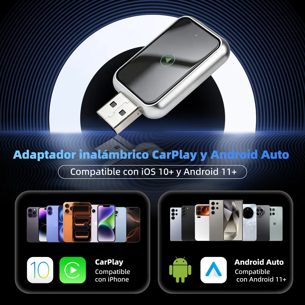 Linghuang Mini Adaptador Carplay Inalambrico & Adaptador Android Auto Inalambrico, Convierte de Cableado a Inalámbrico, Plug & Play, Conexión Rápida y Estable, Compatible con iOS 10+ & Android 11+