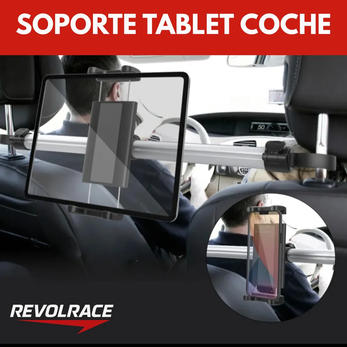 Soporte Tablet Coche Entre Dos Reposacabezas, Ultra Estable y Ajustable 360º, Compatible iPad 4.7-14", Ideal para Viajes en Asiento Trasero. Incluye Cable USB-c