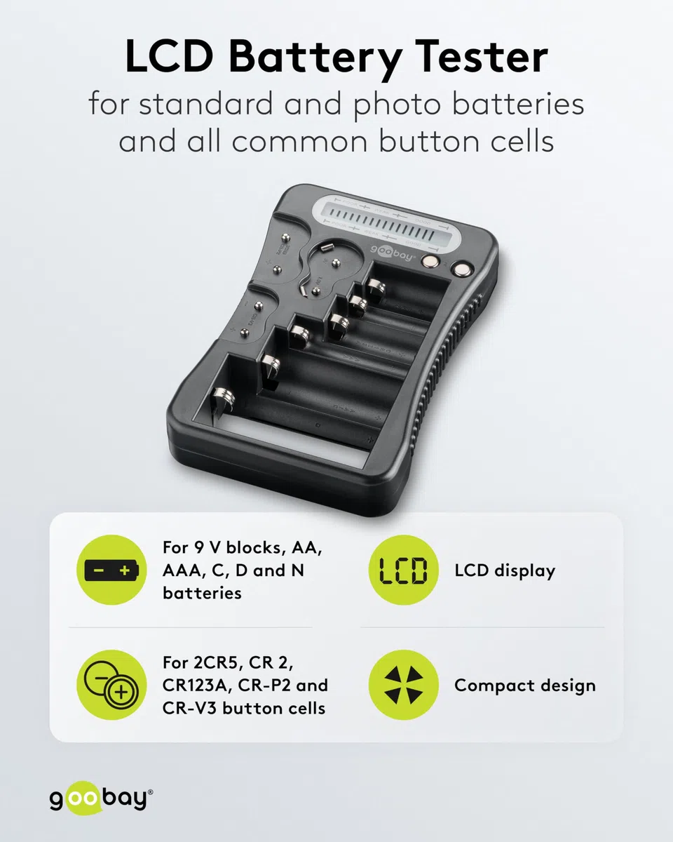 goobay - Comprobador de pilas con pantalla LCD, baterías recargables y pilas de botón, Probador de pilas LCD, tester de pilas y baterías recargables/AA, AAA, 9V, C, D, CR2032, 72511