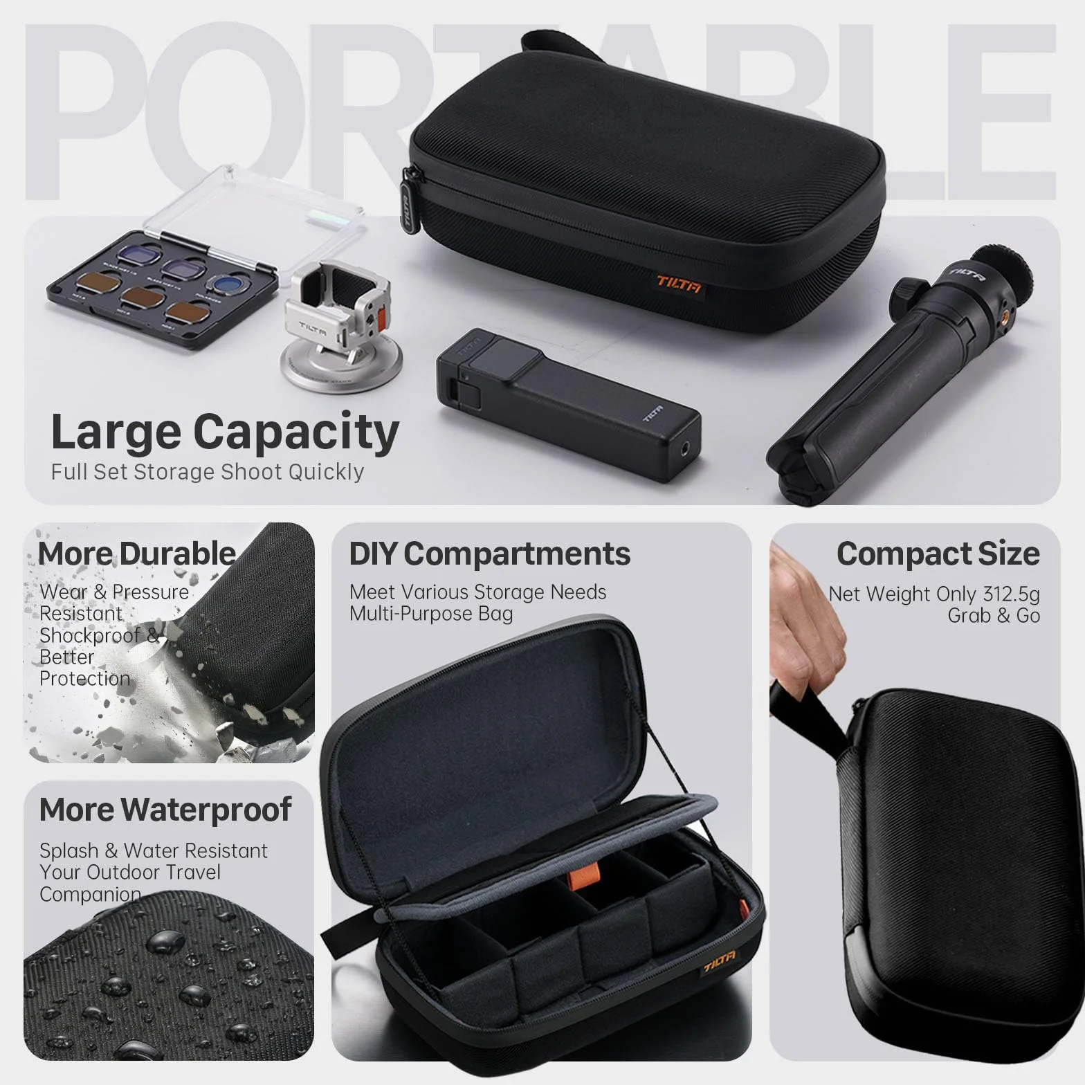 Tilta Pocket 4/3 Case, Bolsa rígida portátil Compatible con dji Osmo Pocket 4, Resistente al Agua, Correa elástica, con 3 divisores, Compatible con la mayoría de Las cámaras de acción TA-ACCC-B