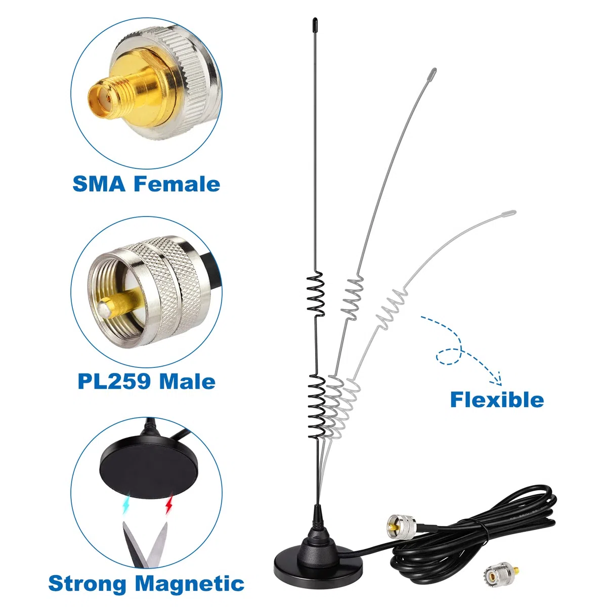 Bingfu Antena Radio Móvil VHF UHF Doble Banda 136-174MHz 400-460MHz Antena Radioaficionado Base Magnética Conector PL259 para BTECH ICOM Midland Yaesu TYT AnyTone Radio Aficionado Móvil