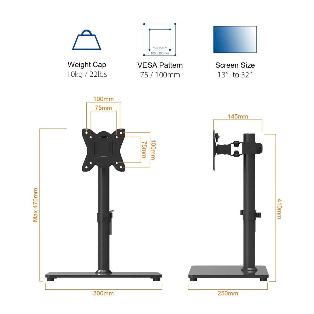 GRIFEMA Soporte TV Pie para Pantallas de 13-32 Pulgadas, Soporte de TV de Mesa con Giratorio y Altura Ajustable, hasta 10 kg, VESA 75x75/100x100 mm GB1005-1