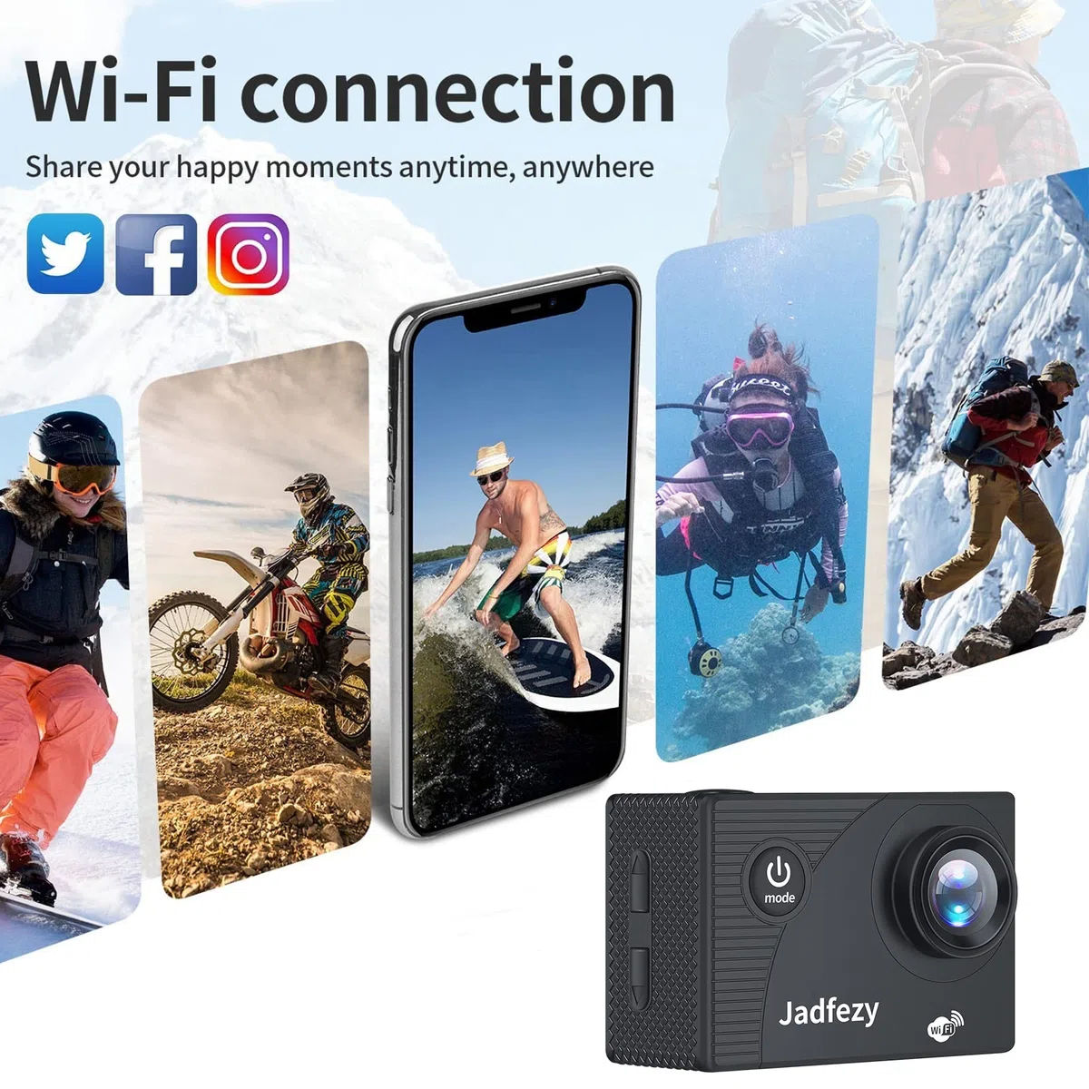 Cámara de acción WiFi HD 1080P, cámara de acción de 12 MP con mando a distancia, cámara subacuática resistente al agua hasta 30 m/98 pies con 2 pilas de 1050 mAh y kit de accesorios para casco