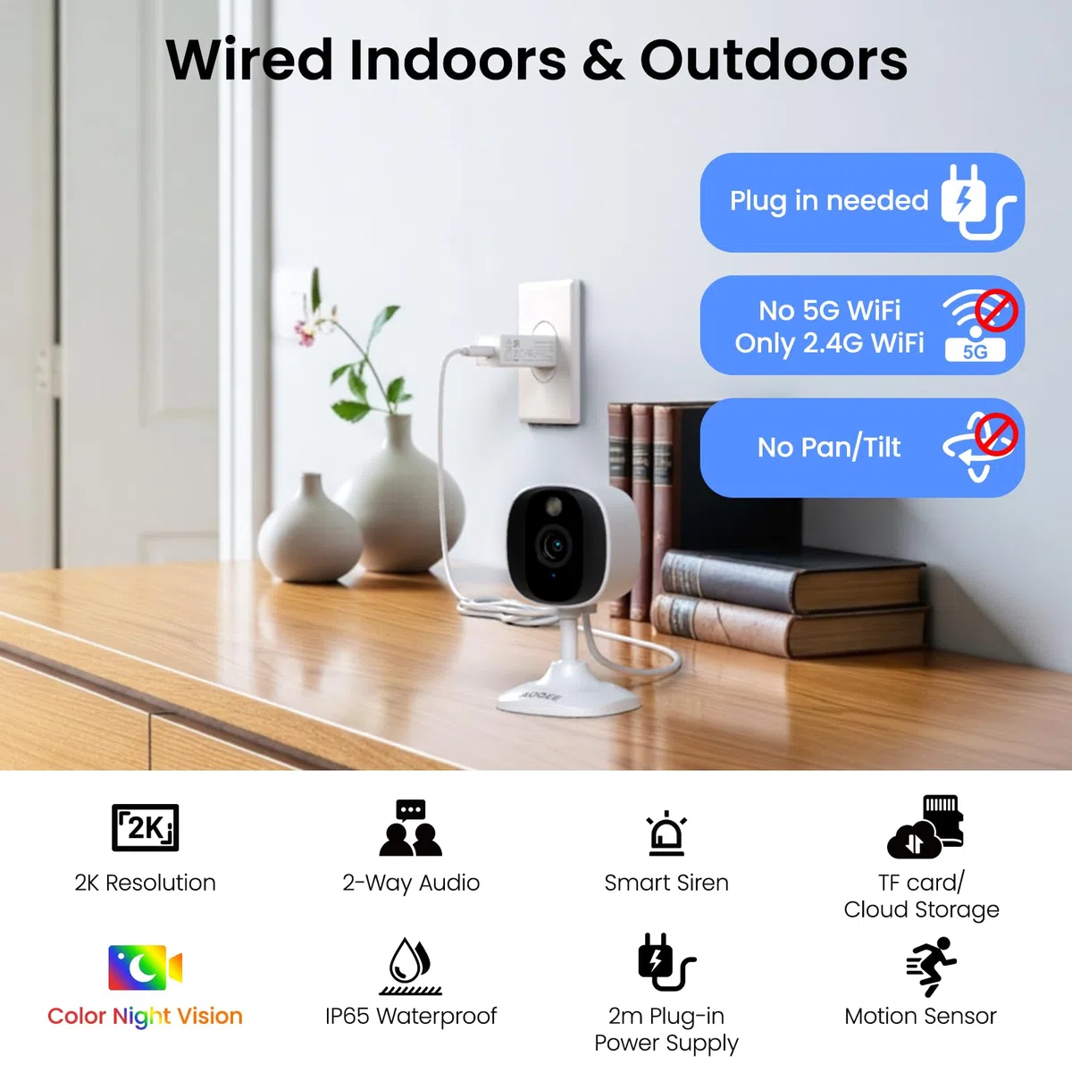 AOQEE Cámara Vigilancia WiFi Interior/Exterior - 2K Camaras Vigilancia Domicilio WiFi Seguridad IP65, Visión Nocturna Color, Detección Humana, Sirena, 24/7 Grabación Continua, Compatible Alexa, C1