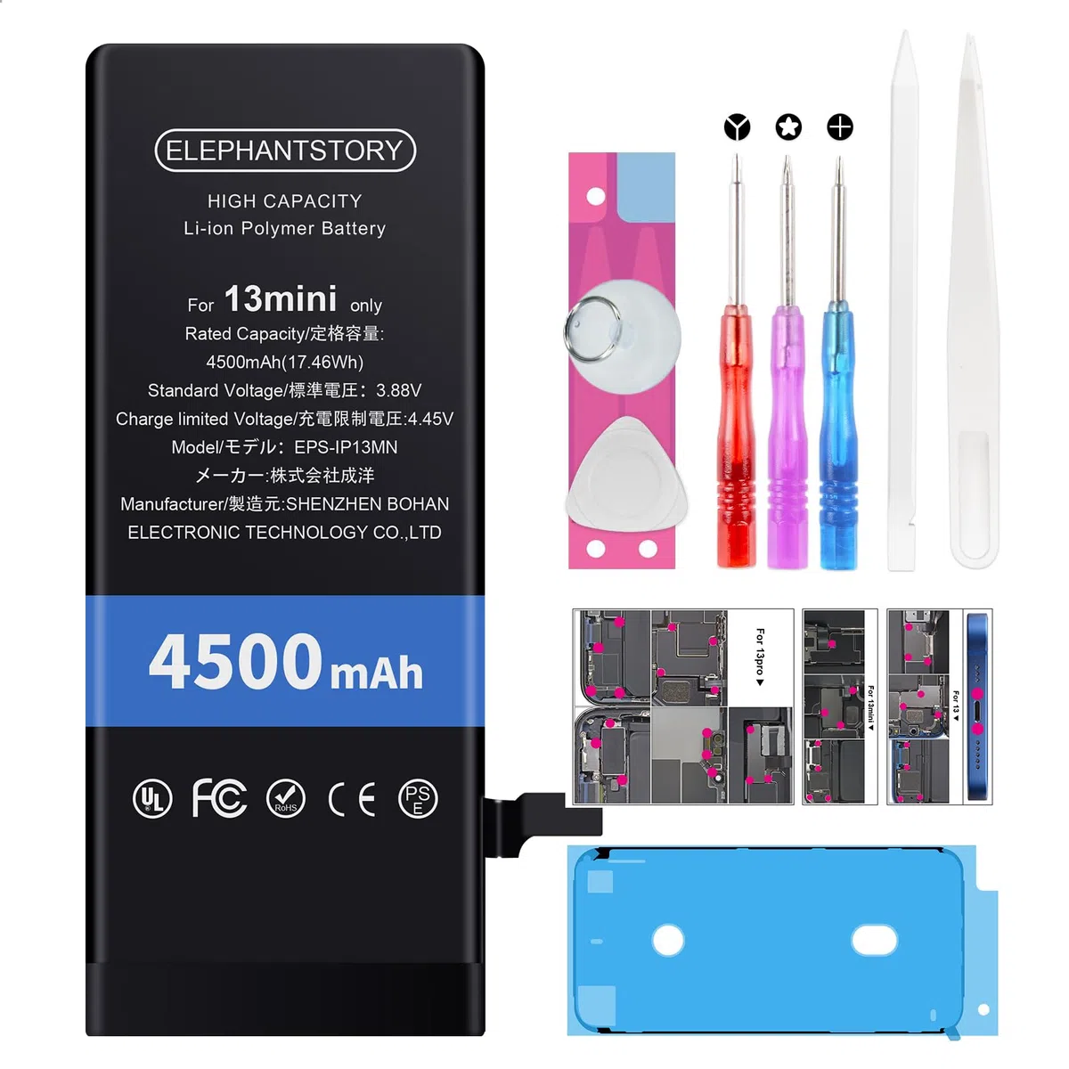 ElephantStory Batería para Phone 13 Mini, 4500 mAh Bateria de Alta Capacidad para A2481 A2626 A2628 A2629 A2630 Baterías de Polímero de Litio con Todos los Kits de Herramientas