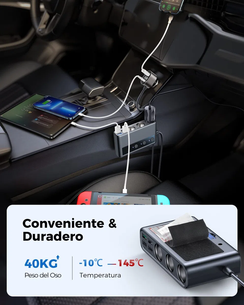 JOYROOM 210W 9-en-1 Divisor Encendedor Cigarrillos,【2025 Nuevo】 12V/24V Divisor Salida 3 Socket Cigarette Lighter Splitter con 36W PD/QC 3.0, 5 Puertos de Carga USB & Voltímetro LED para iPhone 16