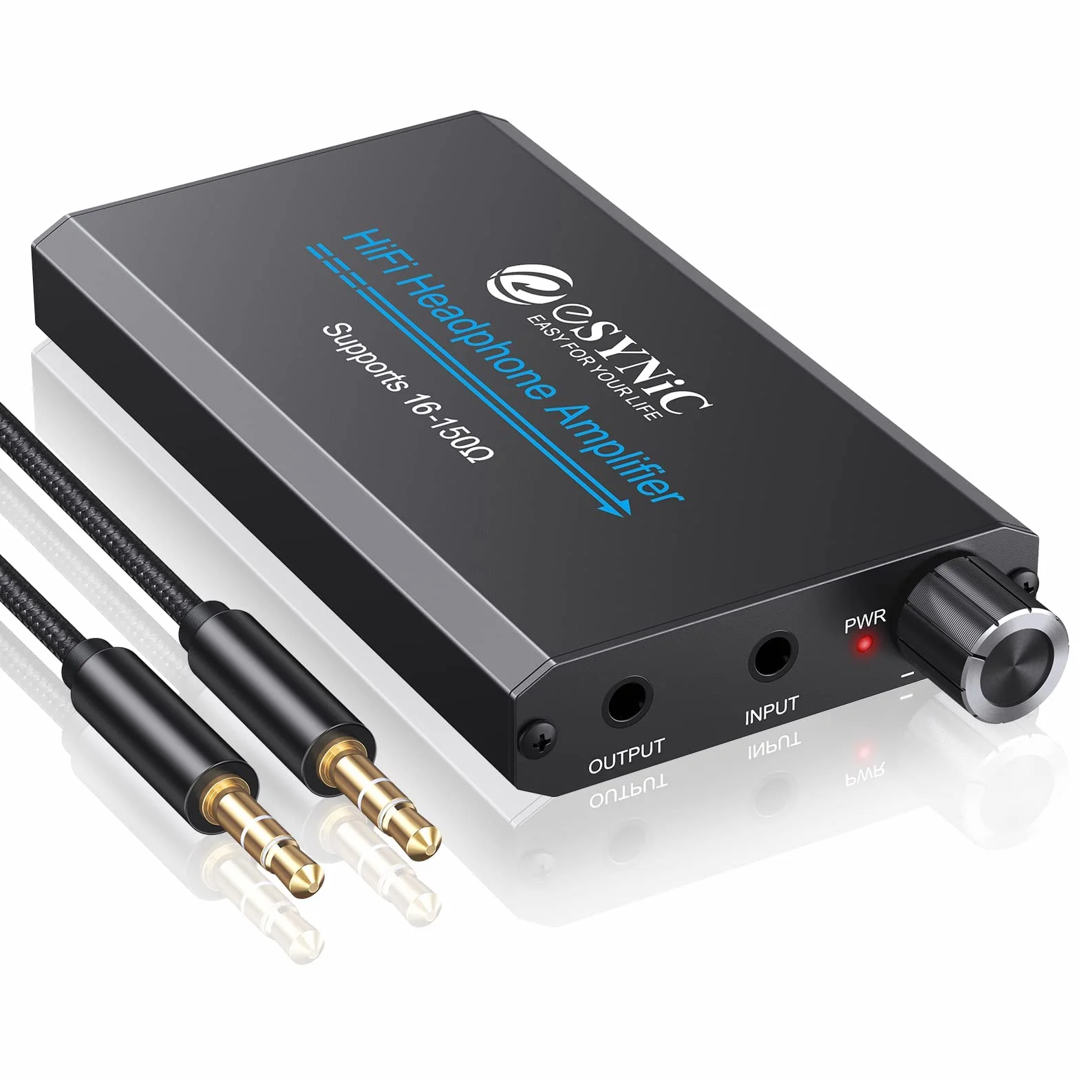 eSynic Amplificador de Auriculares Portátil HiFi 3.5mm Audio Jack con Interruptor de Ganancia de Dos Etapas Cable USB y Cascara de Aluminio para Teléfonos MP3 MP4 Reproductores Digitales y Ordenadores