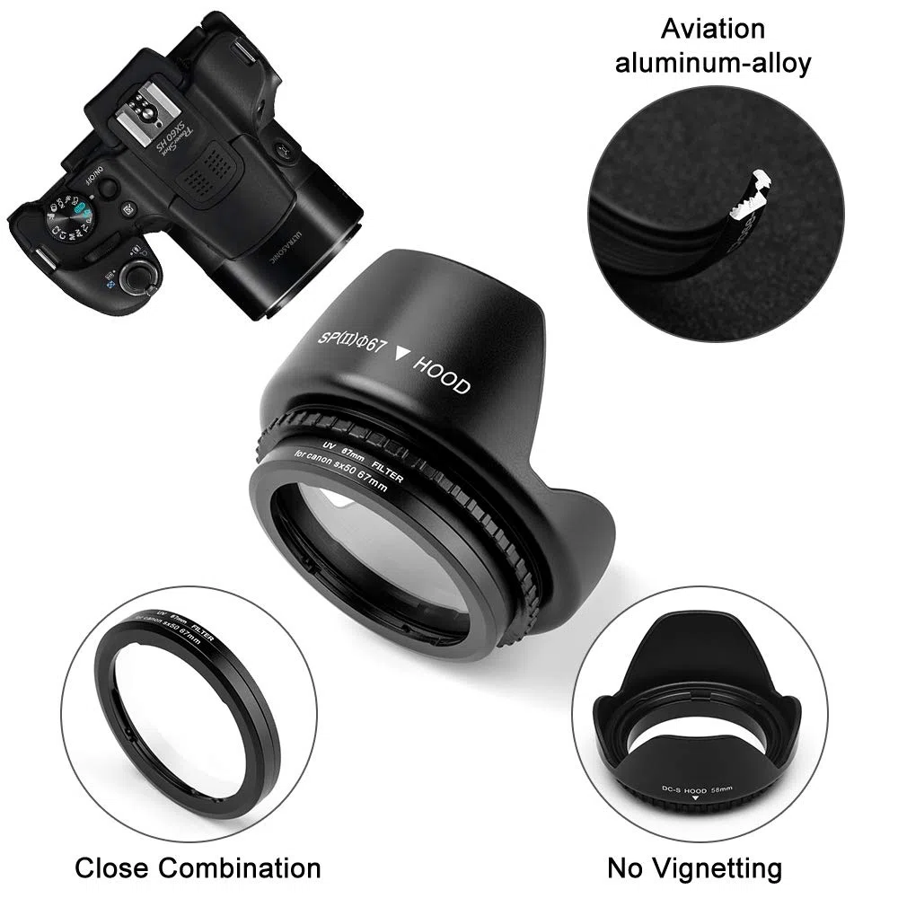 Anillo adaptador de filtro de metal de 67 mm para Canon PowerShot SX30 IS/SX40 HS/SX50 HS SX70HS cámara digital de repuesto Canon FA-DC67A adaptador de filtro Tulipán Flor Parasol Filtro UV