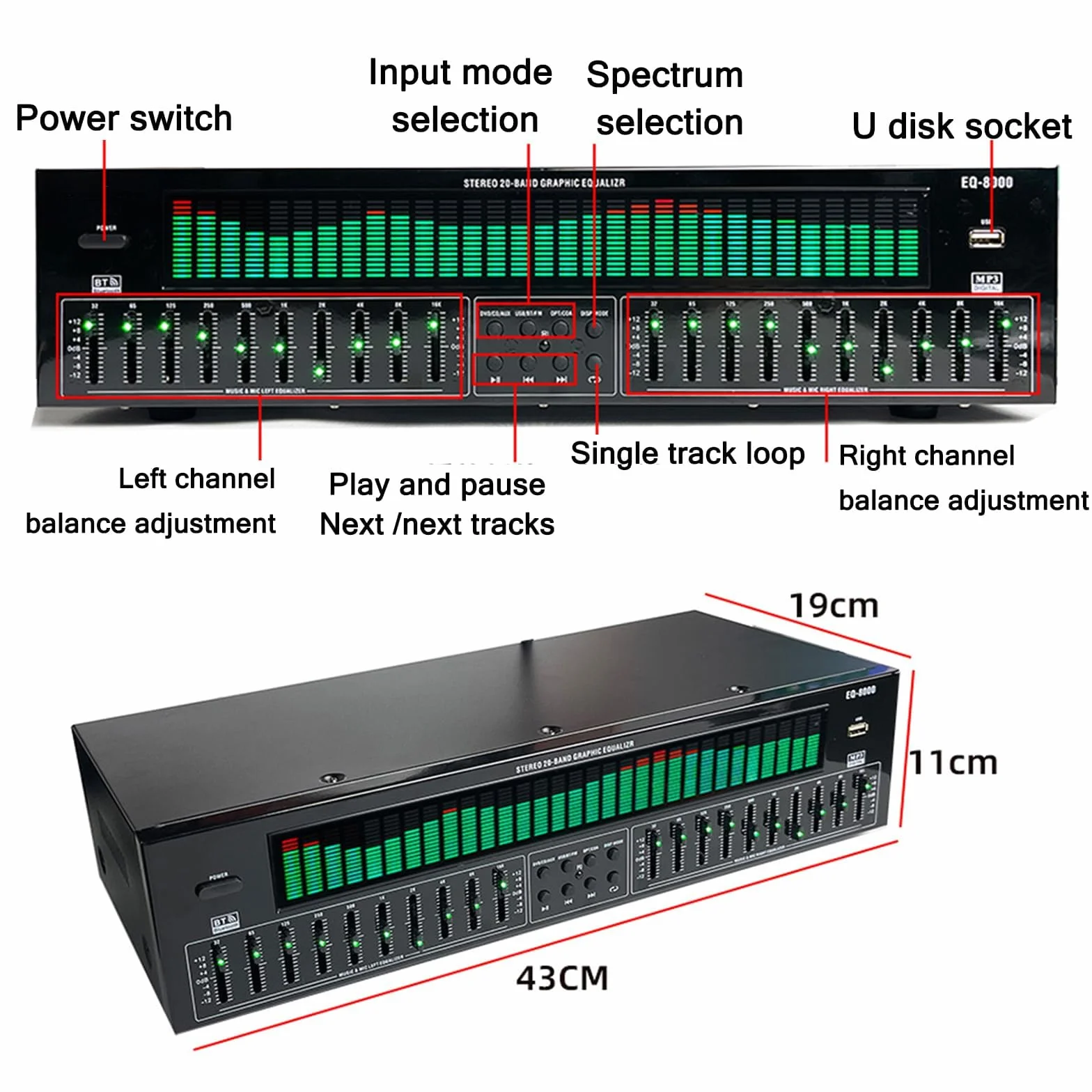 COYEUX Ecualizador Digital de 31 Bandas, Ecualizador gráfico HiFi, 12 Modos de Ritmo, Doble sintonización Independiente de 10 segmentos, reducción de Ruido, Uso en Estudio de grabación