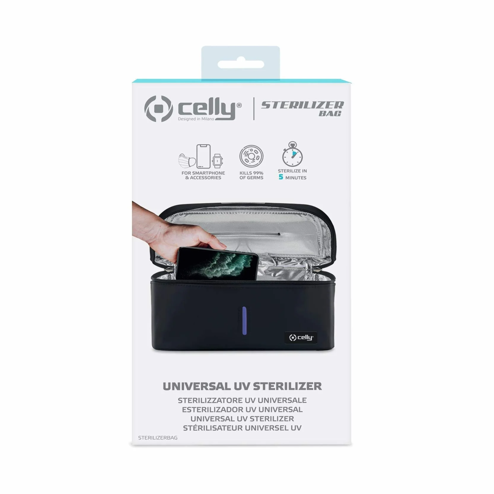 Celly Máquina Esterilizadora Portátil de Rayos UV Universal (Certificaciones), Bolsa Desinfectante con Rayos UV-C para Smartphones y Accesorios, Tablets de hasta 8", Relojes, Mascarillas, Guantes.