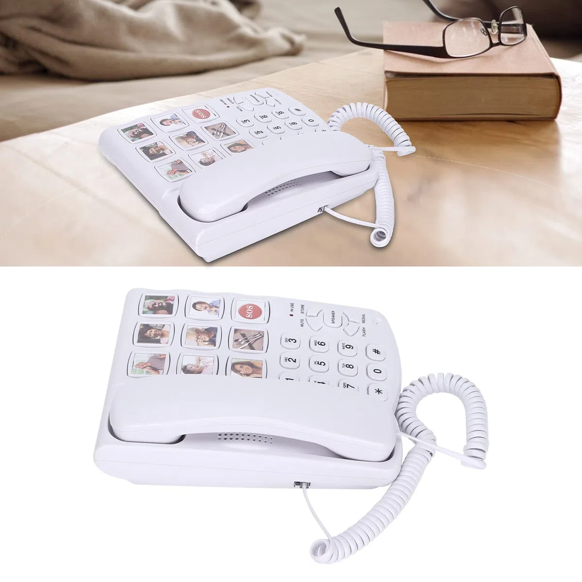 Teléfono con cable de botón grande, memoria fotográfica, marcación rápida y altavoz manos libres, amplificado para personas mayores, Alzheimer