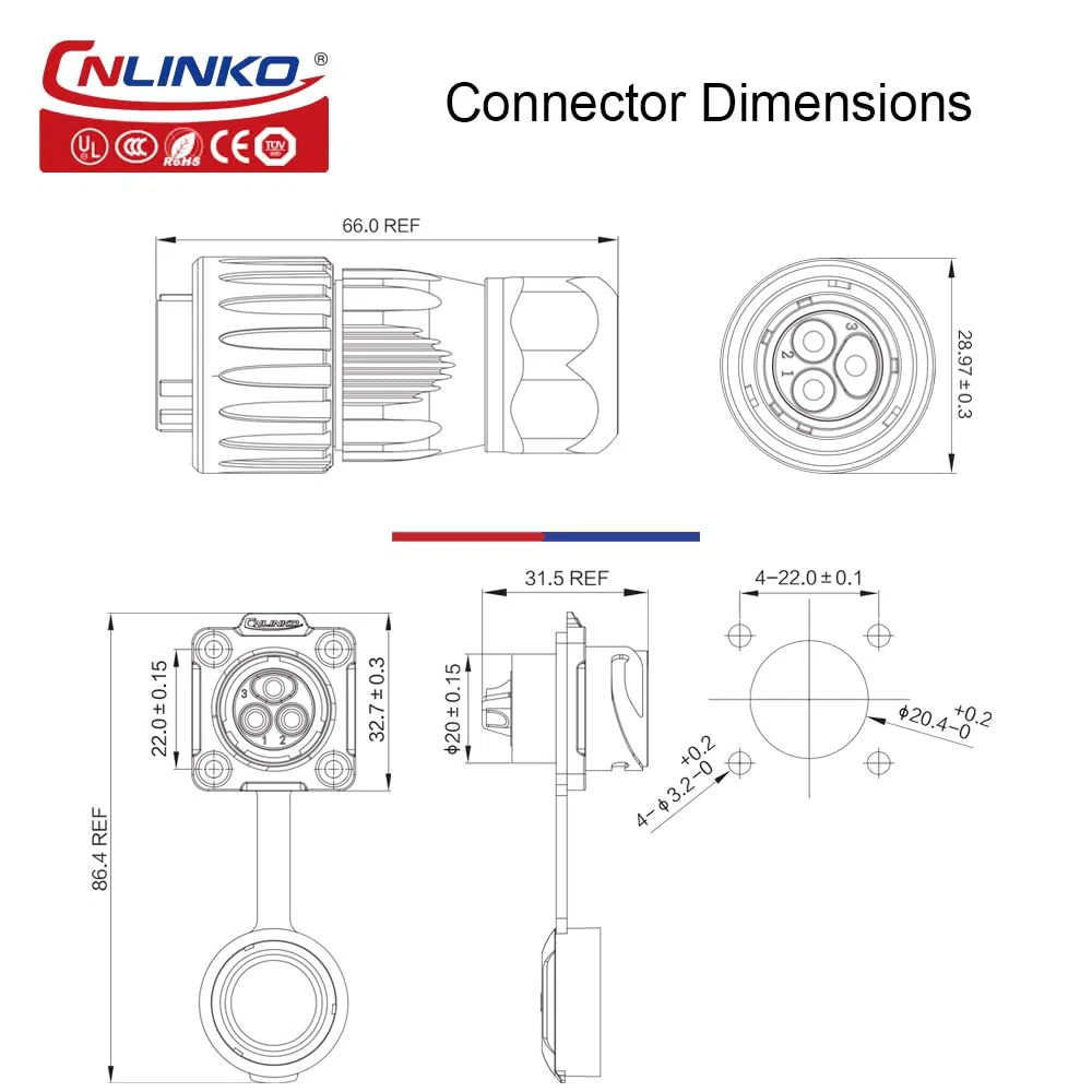 CNLINKO DH-20 Conector impermeable IP67 para cable Conector circular industrial Conector antiinterferencias metálico Pines con dispositivos de protección M20 2-12 Pines Zócalo de brida (2 Pines)