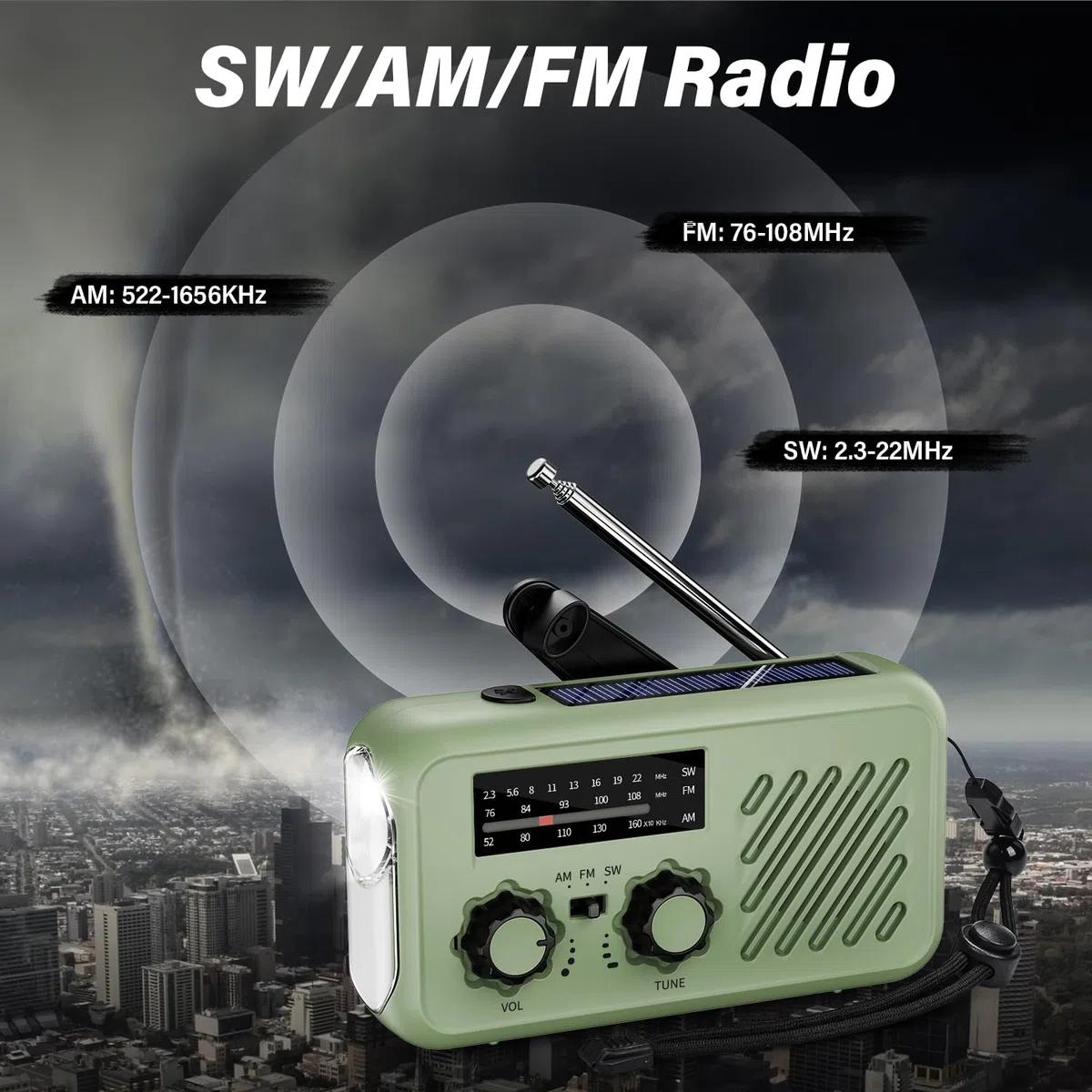 Radio Portatil Pequeña de Emergencia, Am/FM/SW Radio a Pilas y Solar con Manivela, Recargable Radios Meteorológica Multiusos de Dinamo con Linterna LED con 2000mAh Powerbank SOS Alarma