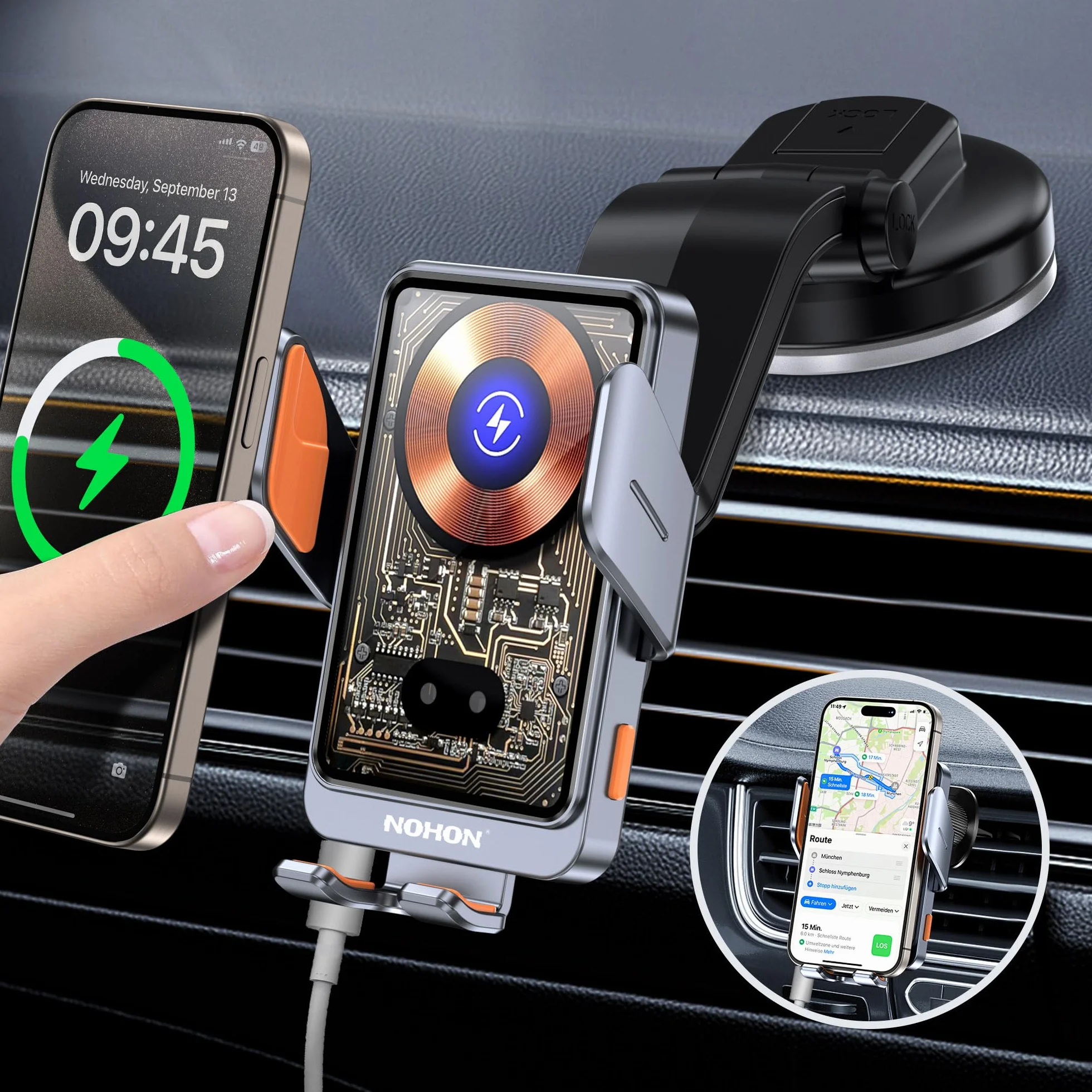 NOHON Qi Cargador Inalambrico Coche：15W Soporte Movil Coche Cargador Sujeción Automático, Soporte Cargador Movil Coche Carga Rápida con Ventosa/Clip de Ventilación para iPhone/Samsung/Xiaomi/OPPO