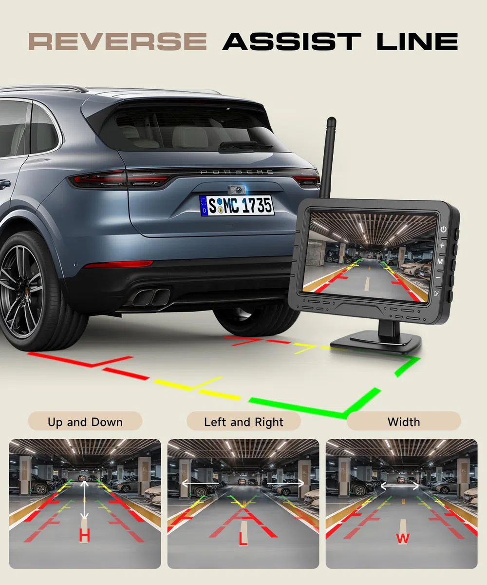 Rimoody Cámara de Marcha Atrás Inalámbrica, Monitor 4.3 Pulgadas TN, Impermeable IP68/Visión Nocturna Gran Angular/Líneas de Guía Ajustables/Espejo de Imagen para Coche Furgoneta Camión Caravana