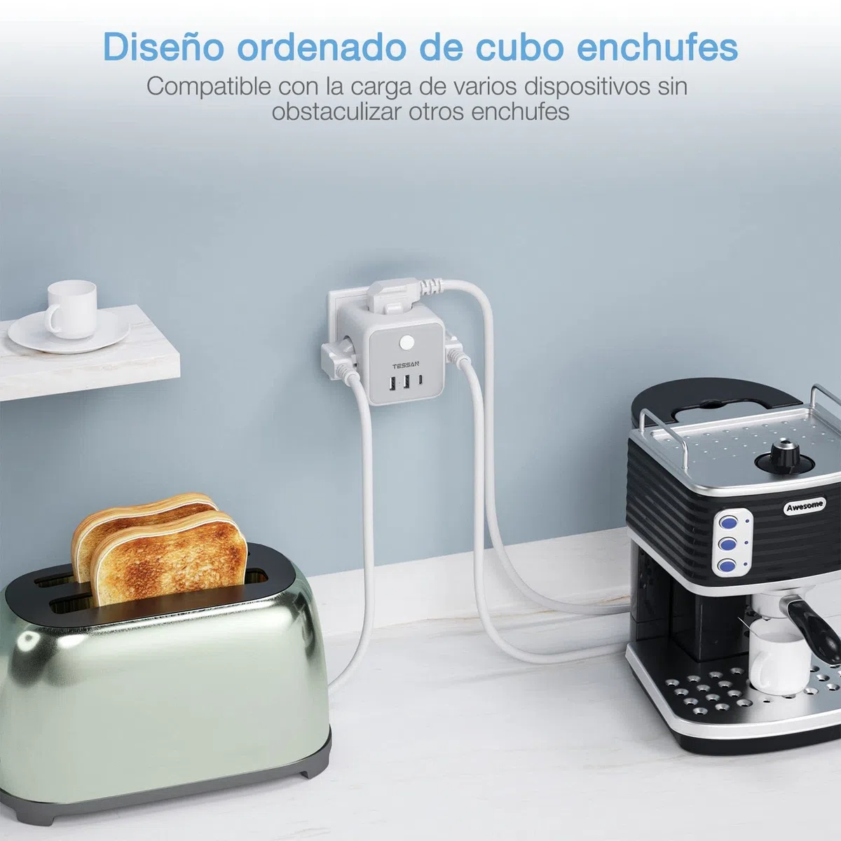 TESSAN Ladron Enchufes con USB C, 6 en 1 Cubo Cargador Ladrón Enchufes, Triple Multiple con 3 USB, Multiple Pared con Interruptor, Regleta Pared Compatible con Phone, Pad, Hogar Oficina