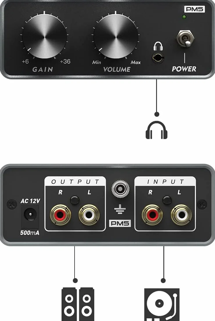 Phono Preamplificador Profesional para Tocadiscos de Vinilo, Estéreo con Entrada/Salida RCA, Salida de Auriculares