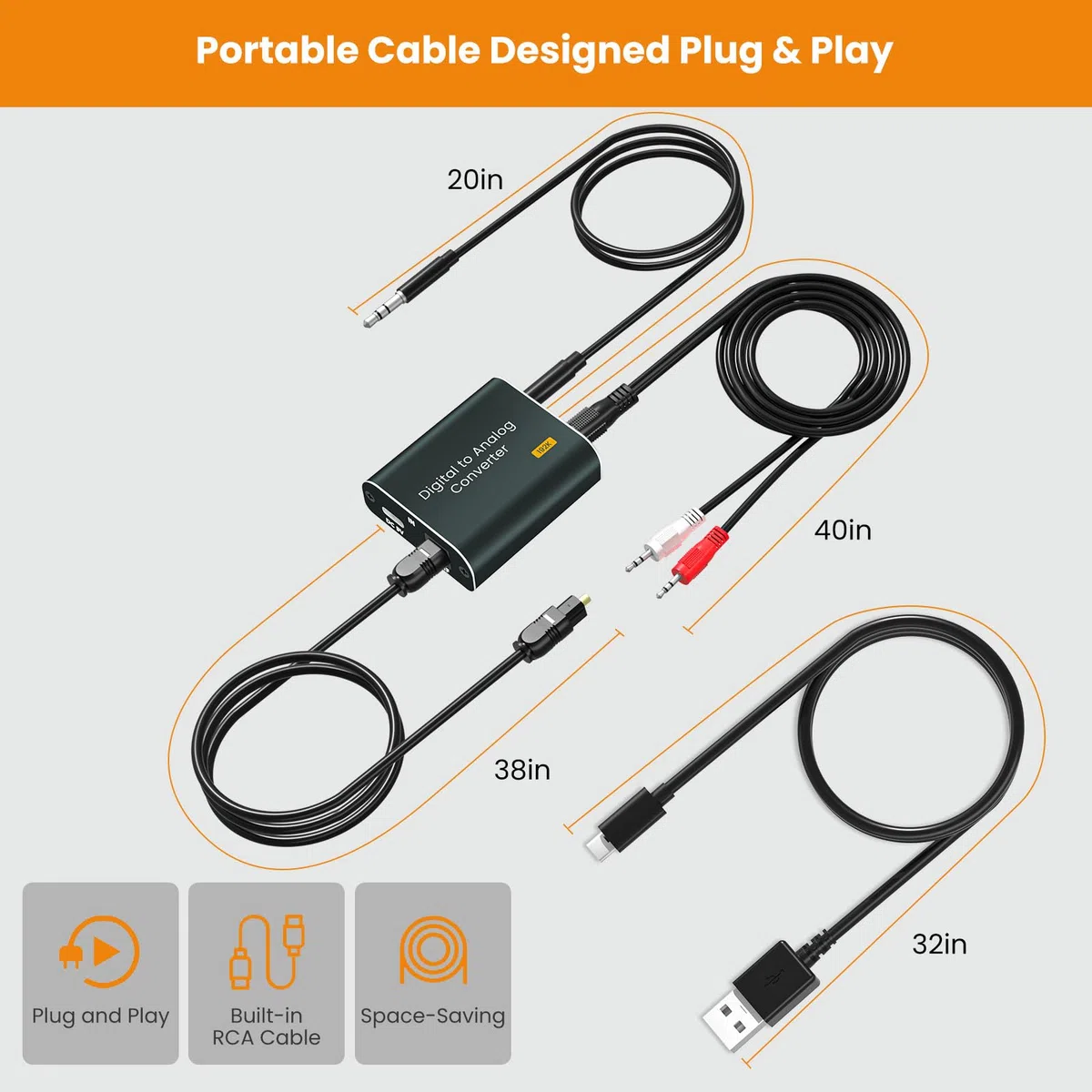 Adaptador Audio Optico a Jack,192 kHz Convertidor Digital a Analógico compatible con salida óptica digital a conector doble de 3,5 mm,Convertidor DAC con Doble Salida Jack 3,5 mm