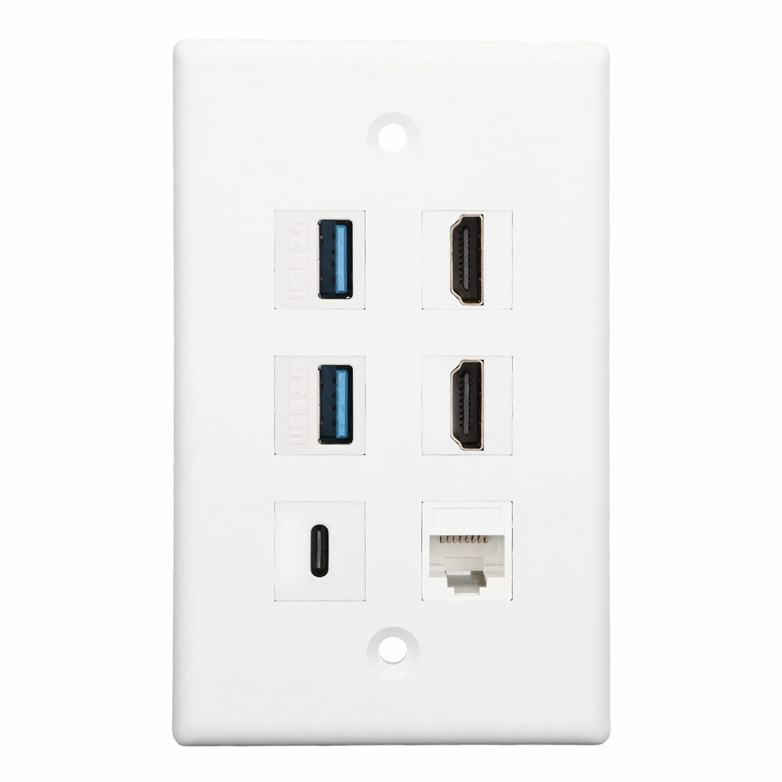 Placa de Pared Ethernet de 6 Puertos, 2 Conectores HDMI, 2 USB 3.0, 1 Tipo C, 1 Conector Ethernet Cat6 RJ45, Placas de Pared Compatibles con Cables Cat 5, Cat 5e, Cat 6 para TV,