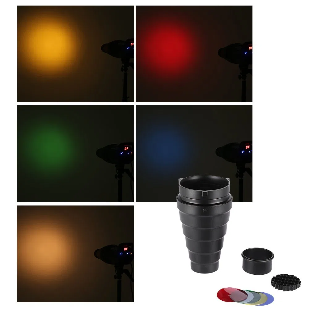 Metal cónico Snoot con rejilla de nido de abeja 5pcs Kit de filtro de color para Bowens Mount Studio estroboscópico Monolight Fotografía Flash