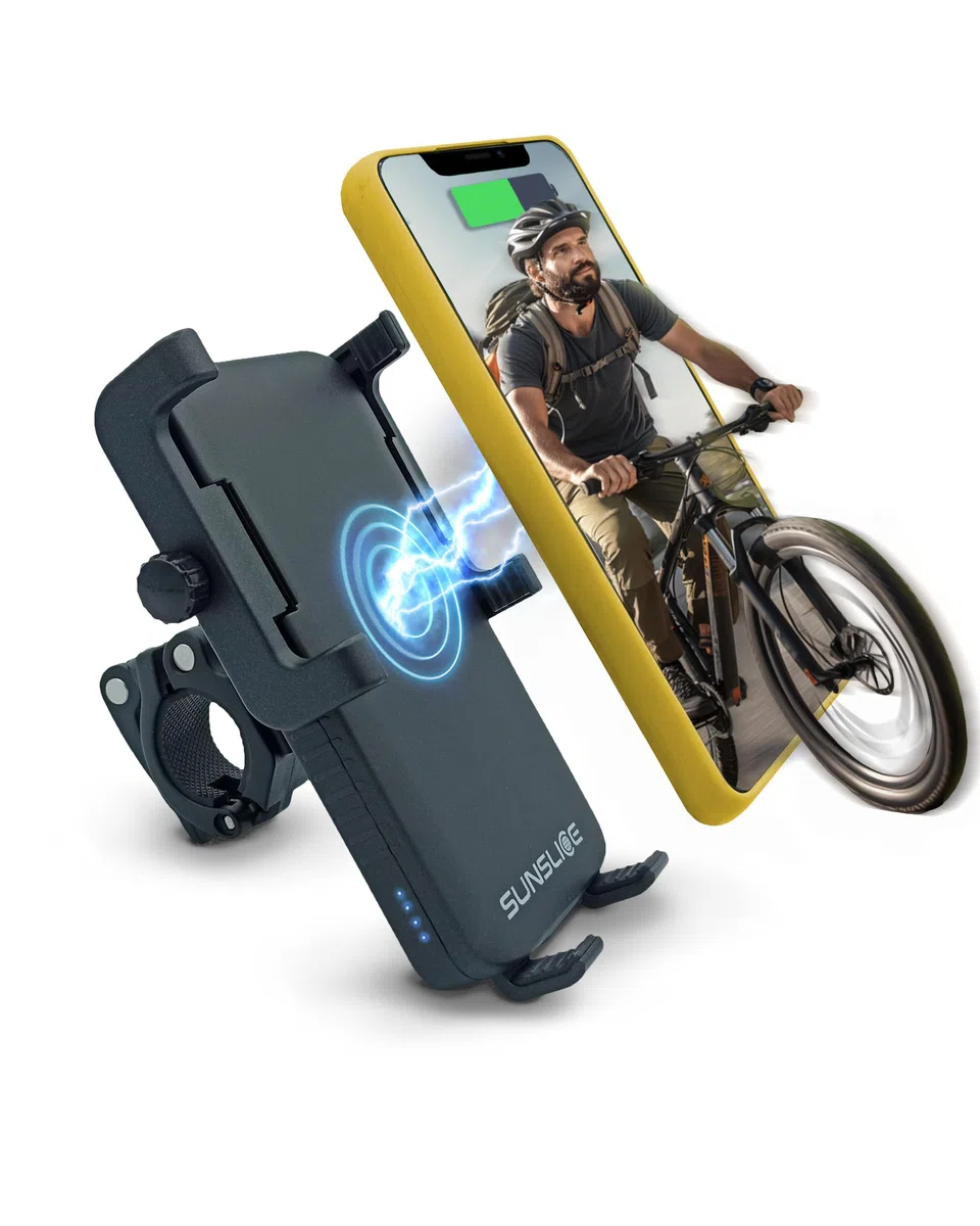 Sunslice Soporte Movil Bicicleta:, Soporte móvil Moto, Soporte móvil con Power Bank Integrado, Soporte telefono Bicicleta Compatible para iPhone, Samsung, inalámbrico, Carga móvil sin Cable