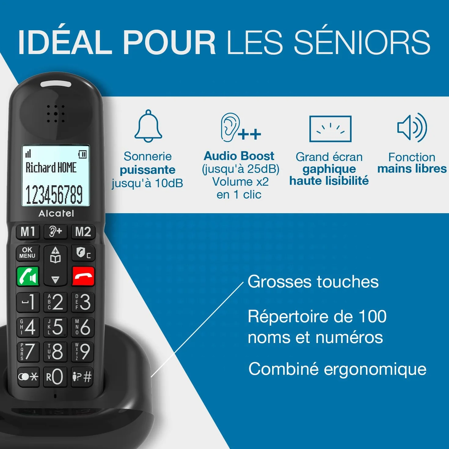 ALCATEL XL685 - Teléfono Inalámbrico DECT Senior Tamaño XL - Pantalla Gráfica - Teclas Grandes - Audio Boost - Manos Libres - Bloqueo de Llamadas - Negro