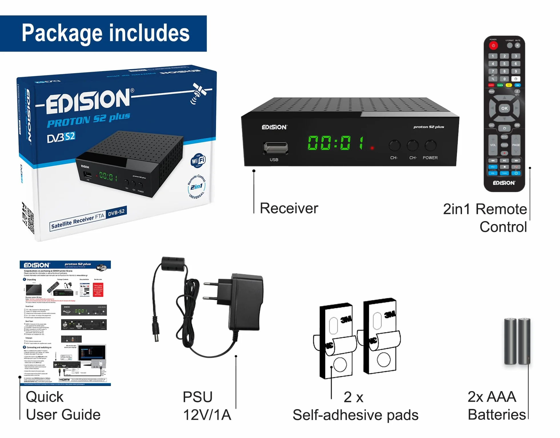 EDISION Proton S2 Plus Full HD Receptor de satélite Digital DVB-S2 FTA, Soporte Unicable, Soporte USB WiFi, LAN, HDMI, SCART, SPDIF, USB, IR, Lector de Tarjetas, Mando a Distancia Universal 2en1
