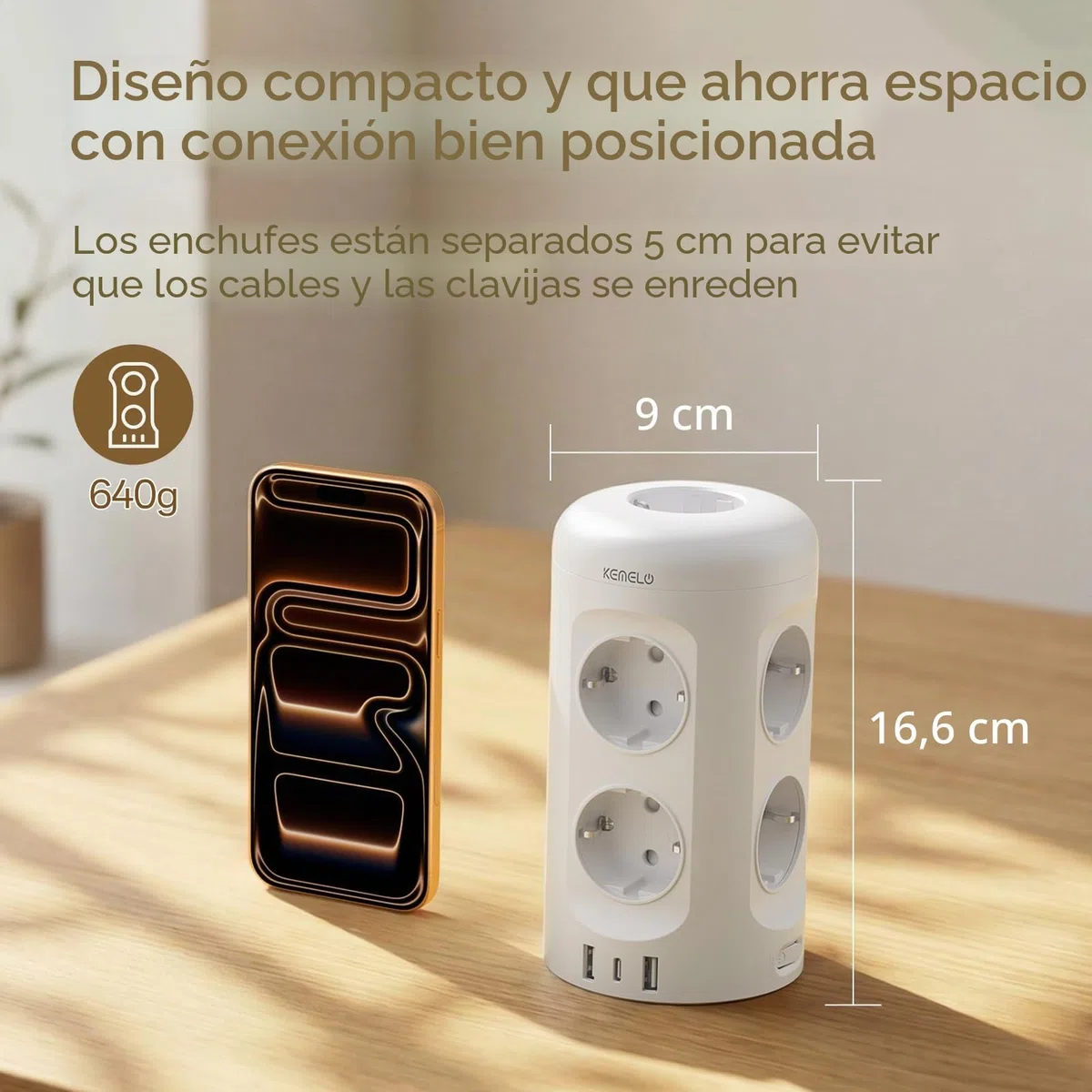Regleta Enchufes con USB C, 12 en 1 Enchufe Multiple (9 AC y 3 USB), 3680W/16A, Regleta Enchufes Proteccion Sobretension, 2M Torre Enchufes Vertical con Interruptor para Mesa, Oficia, Casa, Blanco