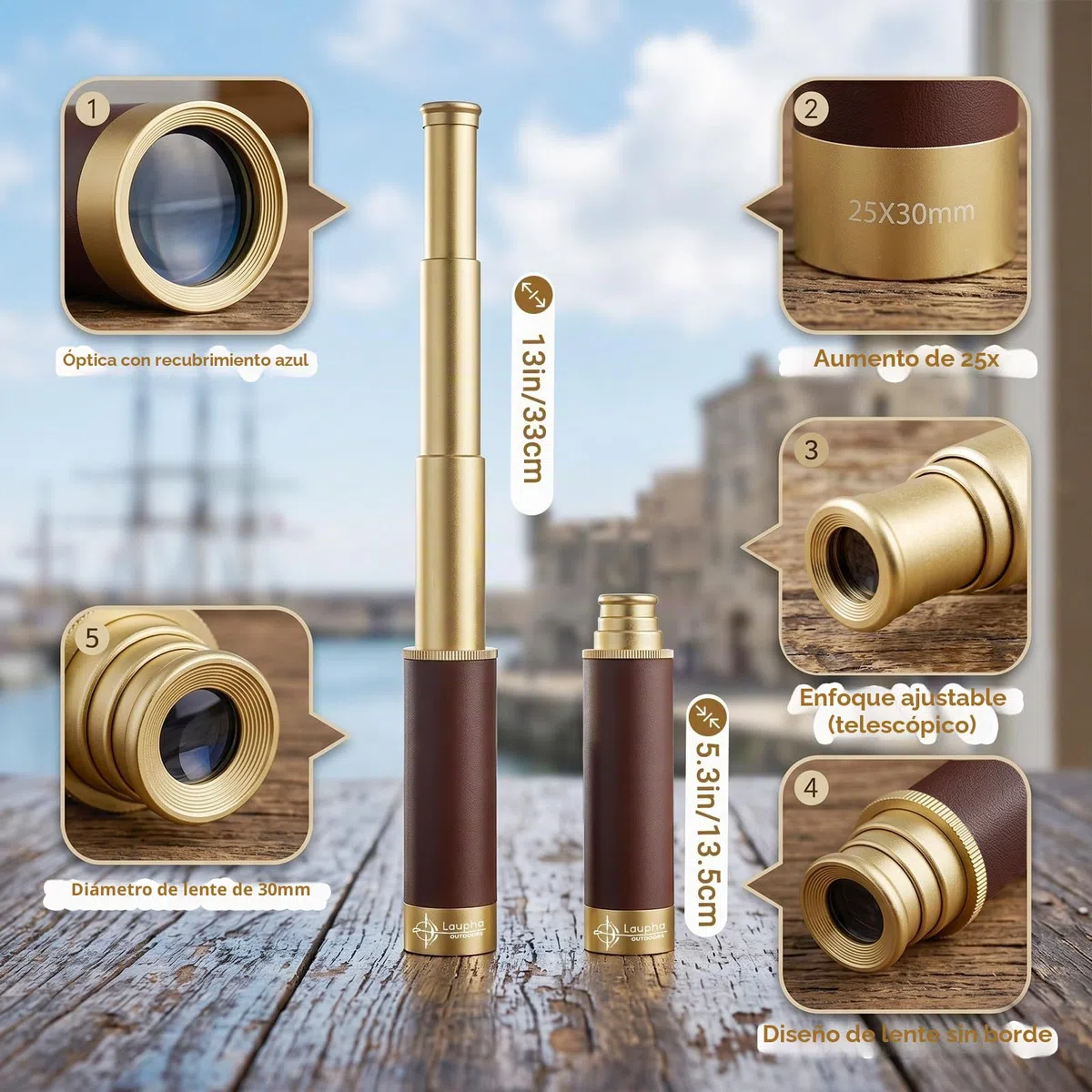 Pirata Telescopio Retro Monocular Portátil Zoomable 25x30 Lente BAK-4 Vintage Catalejo Niños Impermeable Mini Telescopio para Acampar al Aire Libre