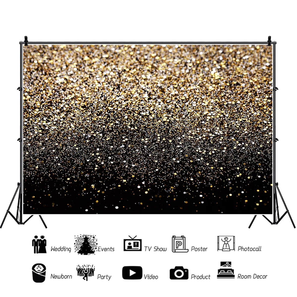 Telón de Fondo Dorado 2,5x1,8m, Partículas Doradas con Purpurina Fondo de Fotografía de Vinilo de Sueño Negro para Cumpleaños, Bodas, Fiestas de Graduación, Fondos de Estudios Fotográficos
