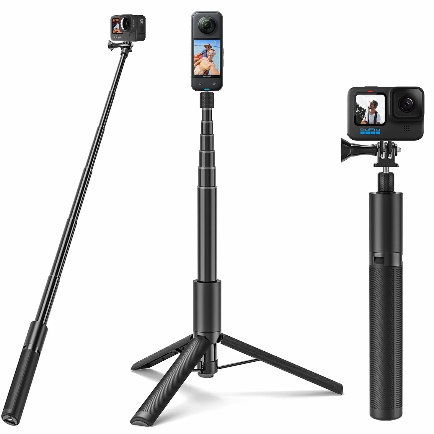 Wiseten Trípode de Palo Selfie para GoPro Insta 360, 120cm Mango Extensible Portátil Ligero Trípode Monopié Accesorios para GoPro Hero 13 12 11 10 9 8 7 Black insta360 X5 X4 dji Osmo Pocket 3 4
