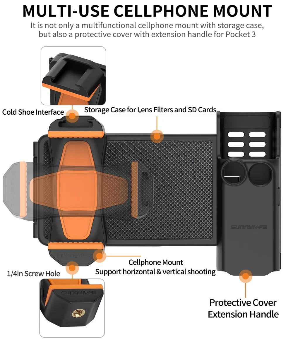 PALUMMA Soporte adaptador de expansión, para DJI Osmo Pocket 3, soporte adaptador de expansión con soporte para teléfono, filtros, tarjetas de memoria, funda organizadora (negro)
