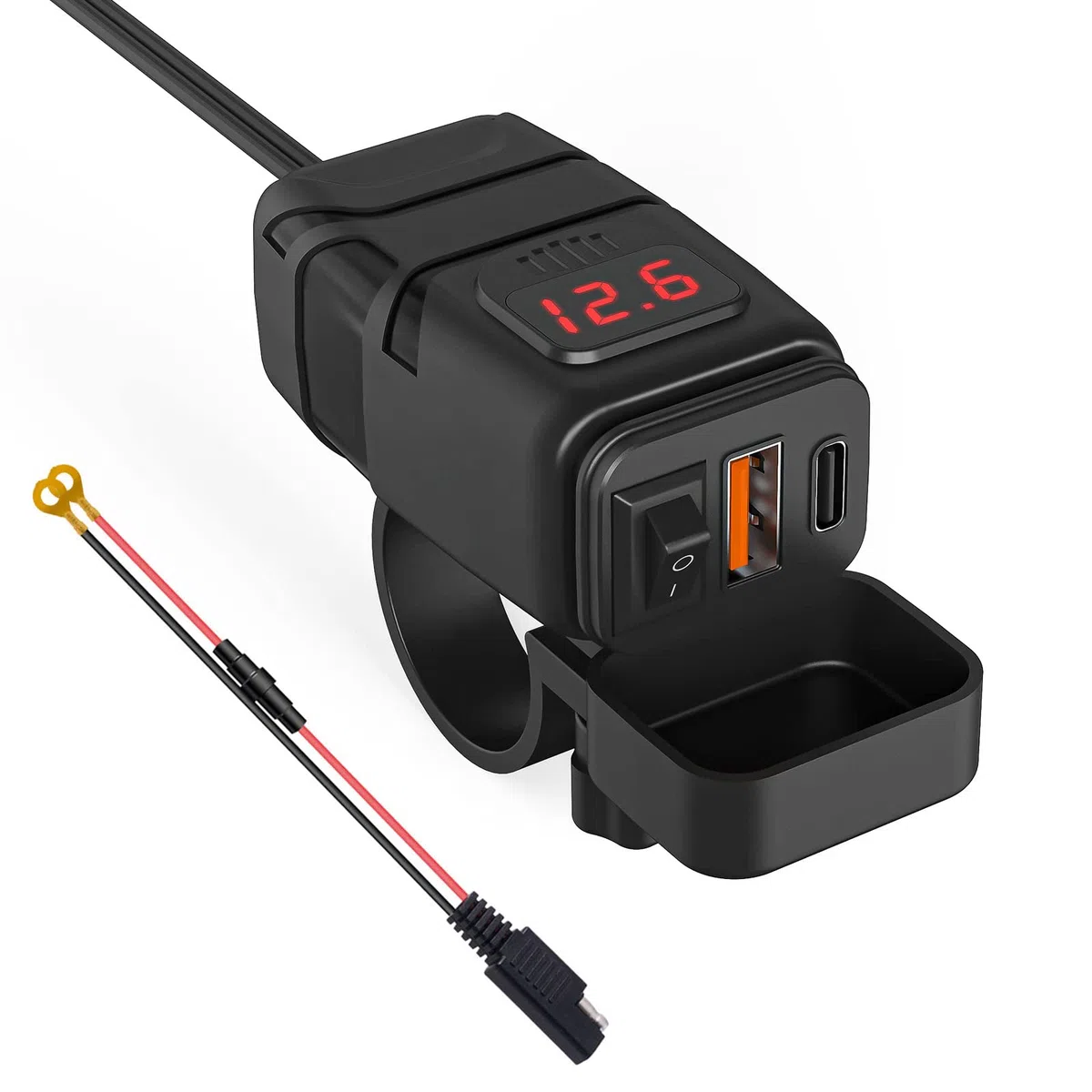 Cargador Tipo C PD y QC3.0 para Motocicleta y Coche 12V/24V - Impermeable Con Interruptor y Voltímetro LED - Para SUV, Marino, Barcos (Rojo: USB + Tipo C)
