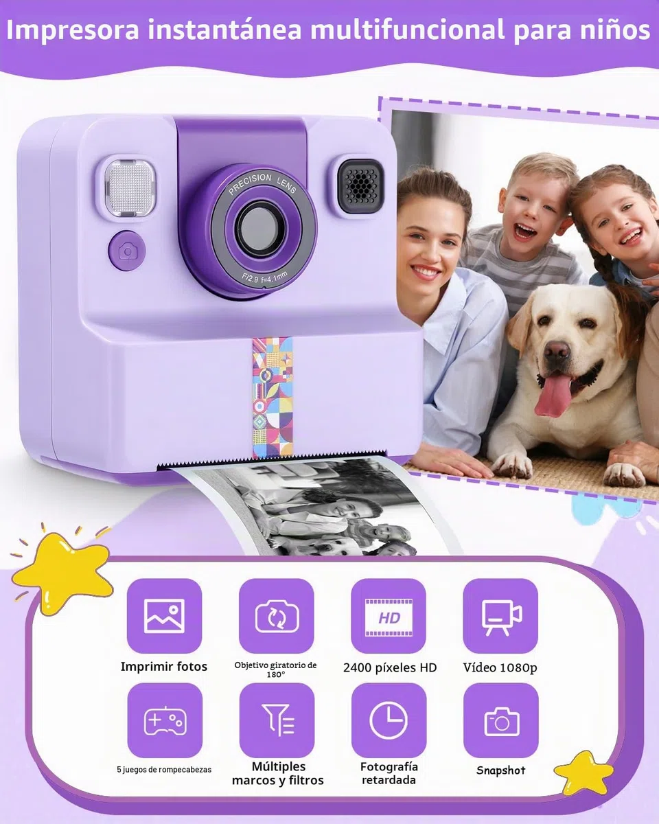 Cámara instantánea para niños, 1080P HD, cámara instantánea con impresión instantánea, tarjeta SD de 32 GB y 5 rollos de papel fotográfico, regalo para niñas y niños a partir de 3 – 12 años