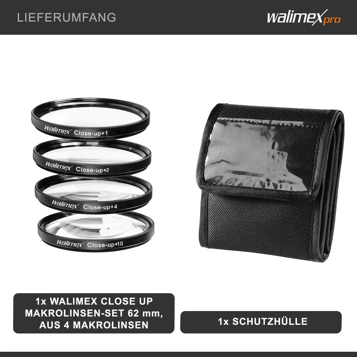Walimex - Juego de lentes para primeros planos especial para macrofotografía (62 mm, +1/+2/+4/+10 dioptrías)