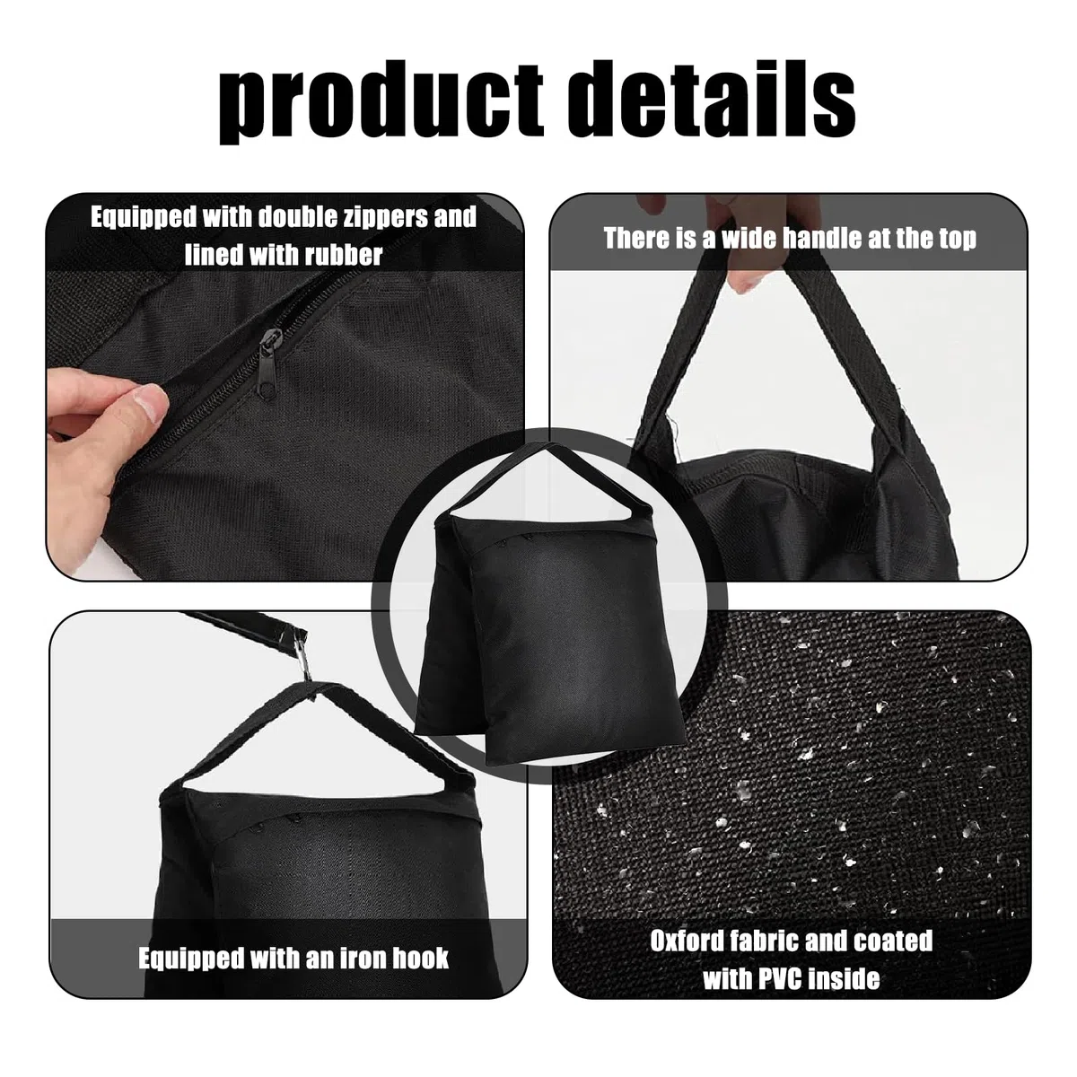 Lote de 4 bolsas de arena, 27 x 58,5 cm, lastre Oxford 600D con gancho y bolsa de plástico, para trípode de fotografía, estudio fotográfico, tienda, sombrilla