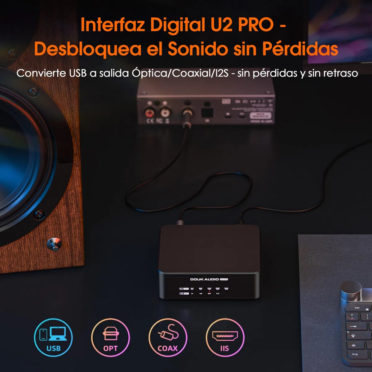 Douk Audio U2 PRO XMOS XU316 Interfaz digital USB DDC, USB-C a óptico/coaxial/HDMI-IIS, DSD512/PCM768kHz, convertidor de audio digital-analógico portátil
